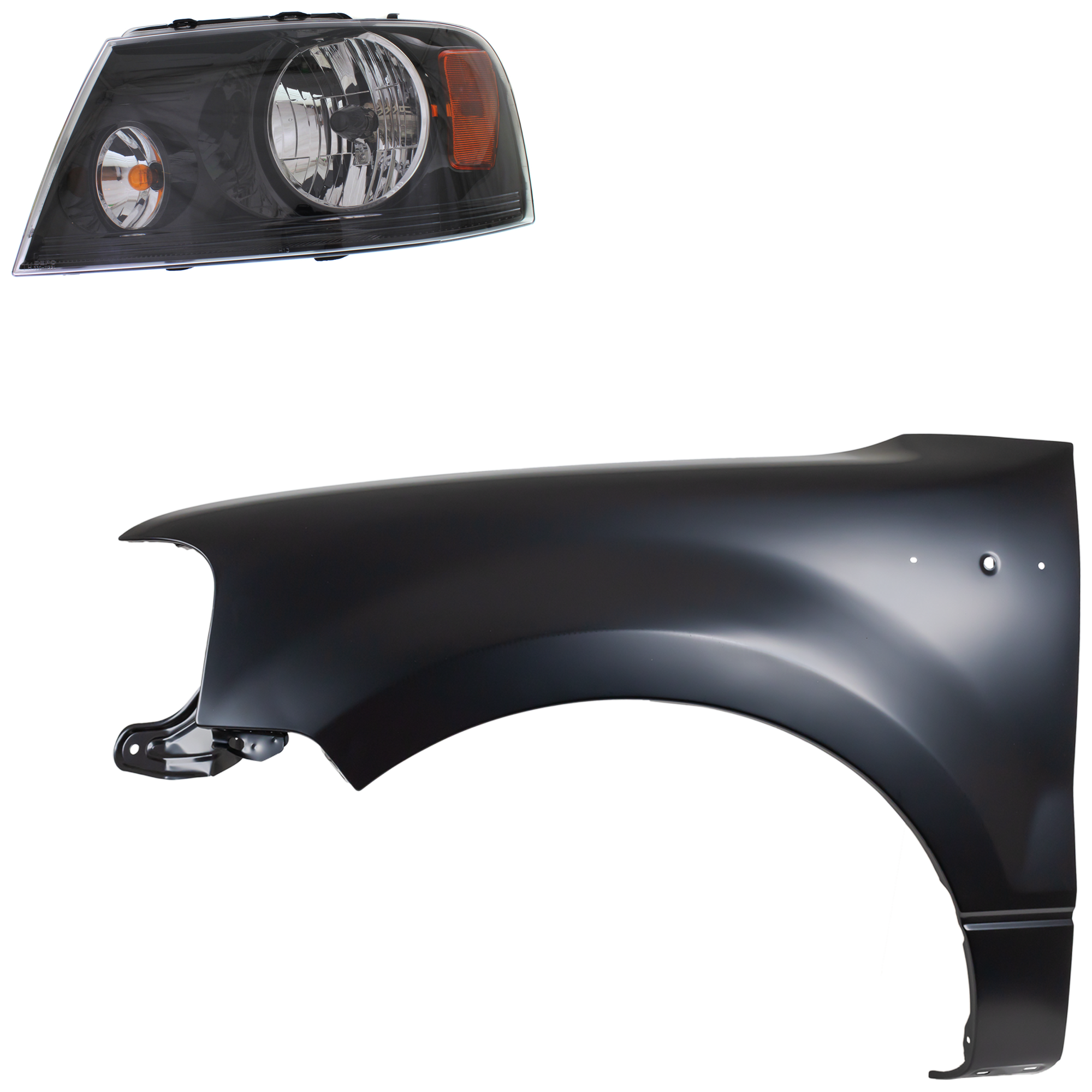 AM F 150-04-06 HEAD LAMP LH Assembly Halogen 2 pc Kit with Fender SKU KIT 022423-106805 Partslink FO2502247 FO1240231 OEM 7L3Z13008HA 5L3Z16006AA