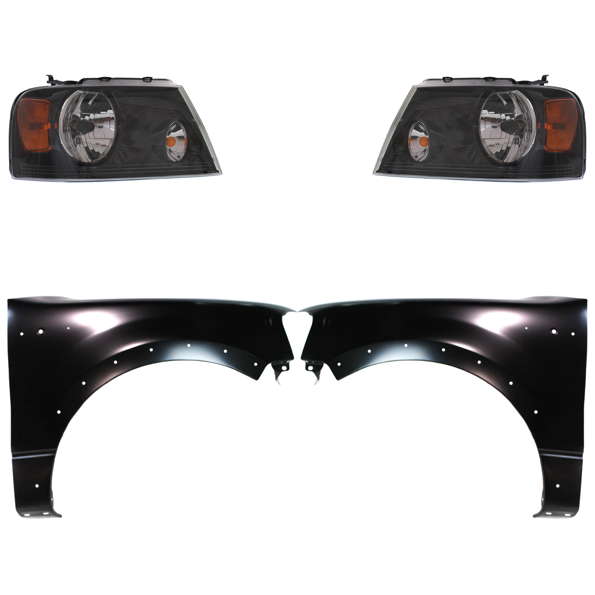 AM F 150-04-06 HEAD LAMP RH AND LH Assembly Halogen 4 pc Kit with Fenders SKU KIT 022423-107003 Partslink FO2503247 FO2502247 FO1240232 FO1241232 OEM 7L3Z13008EA 7L3Z13008HA 5L3Z16