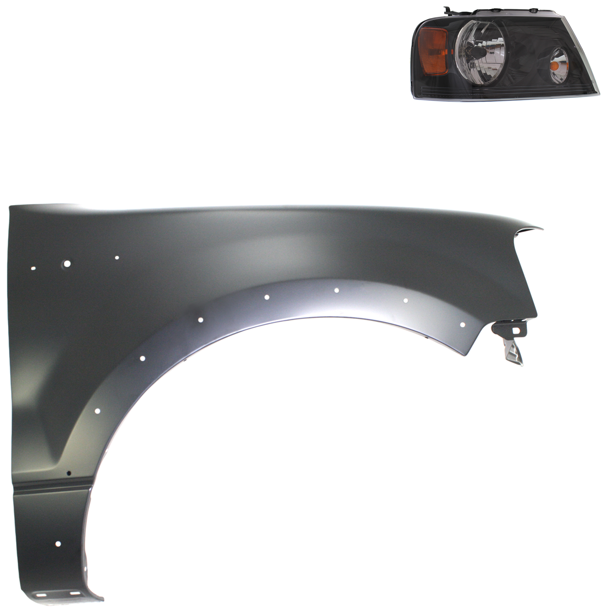 AM F 150-04-06 HEAD LAMP RH Assembly Halogen 2 pc Kit with Fender SKU KIT 022423-107004 Partslink FO2503247 FO1241232 OEM 7L3Z13008EA 5L3Z16005BA