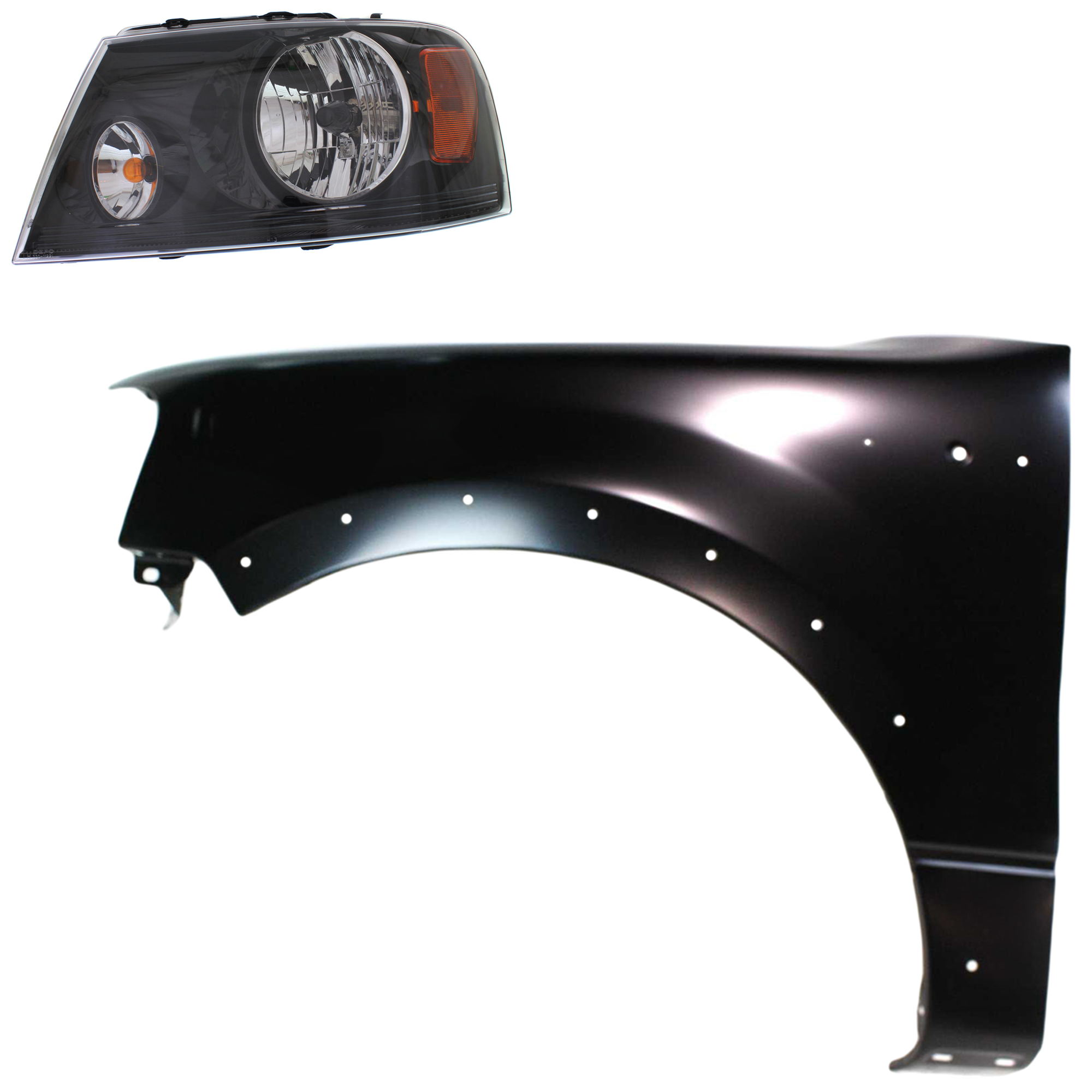 AM F 150-04-06 HEAD LAMP LH Assembly Halogen 2 pc Kit with Fender SKU KIT 022423-107005 Partslink FO2502247 FO1240232 OEM 7L3Z13008HA 5L3Z16006BA