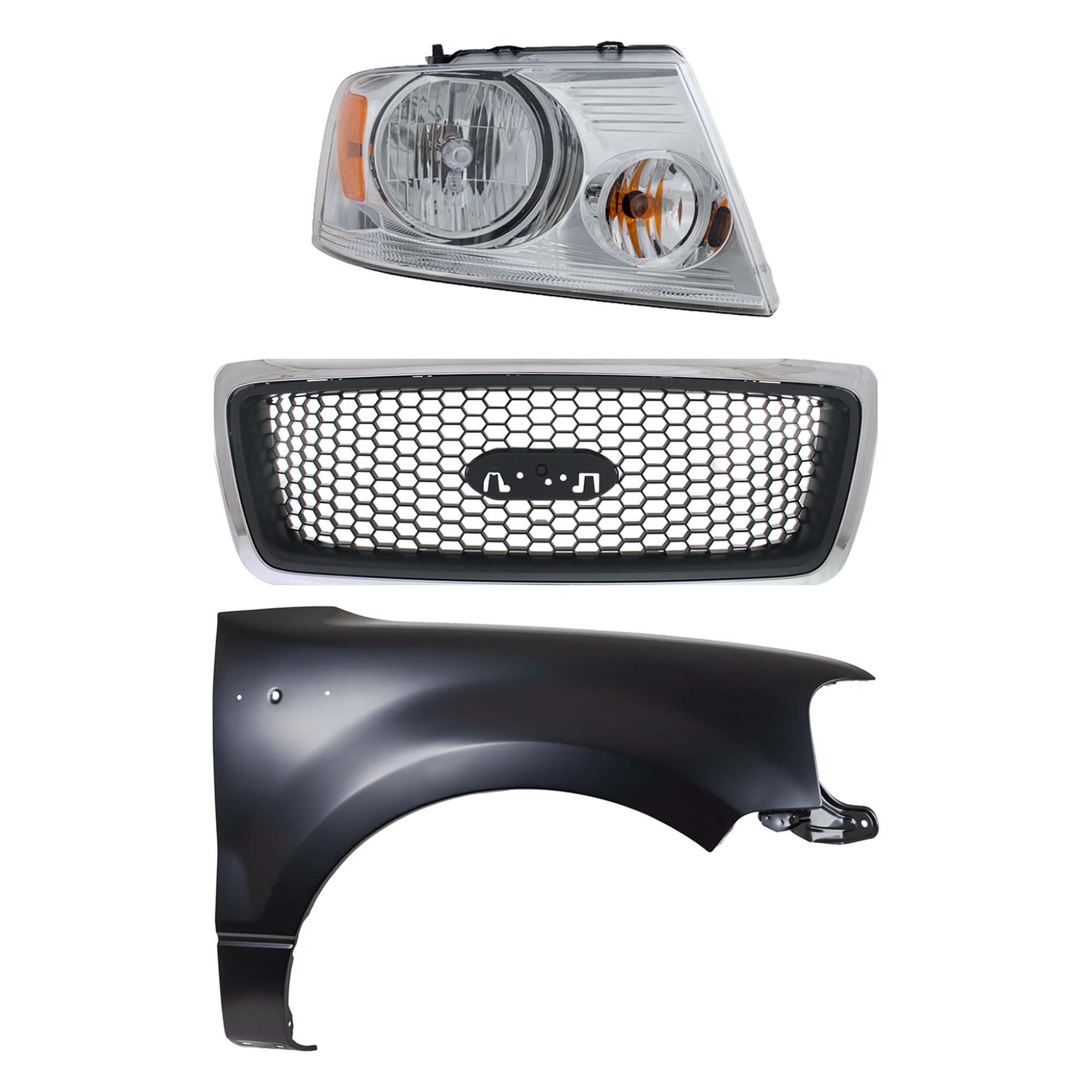 AM F 150-06-06 GRILLE Chrome Shell with Black Insert 3 pc Kit with Fender and Headlight SKU KIT 022423-109101 Partslink FO1200469 FO1241231 FO2503201 OEM 7L3Z8200CA 5L3Z16005AA 7L3Z130