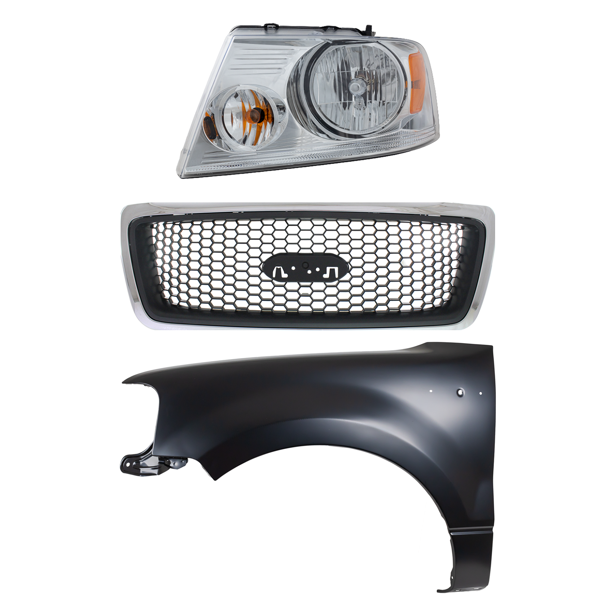 AM F 150-06-06 GRILLE Chrome Shell with Black Insert 3 pc Kit with Fender and Headlight SKU KIT 022423-109102 Partslink FO1200469 FO1240231 FO2502201 OEM 7L3Z8200CA 5L3Z16006AA 7L3Z130