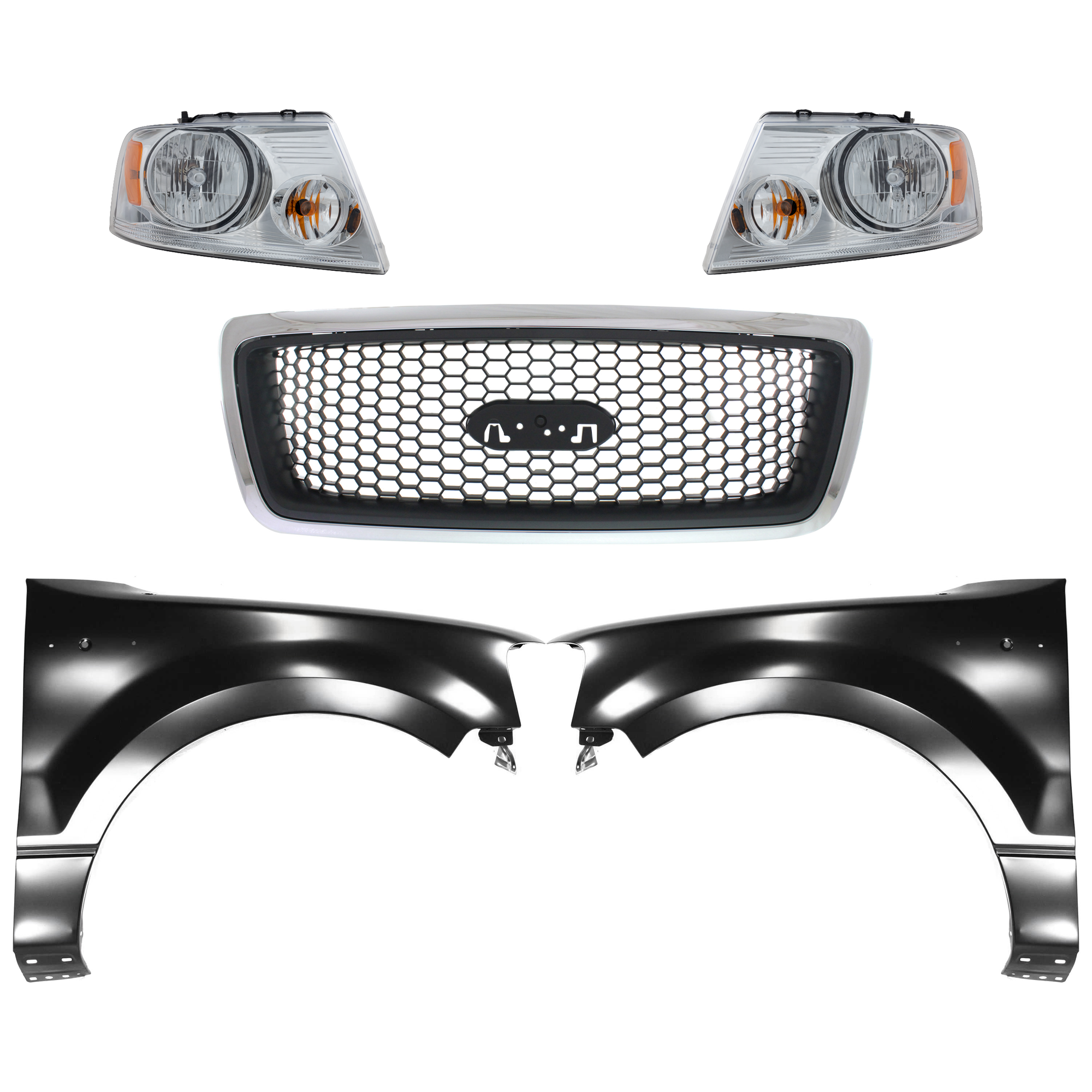 AM F 150-06-06 GRILLE Chrome Shell with Black Insert 5 pc Kit with Fenders and Headlights SKU KIT 022423-1091 Partslink FO1200469 FO1241231 FO1240231 FO2503201 FO2502201 OEM 7L3Z8200CA 5L3Z16005AA 5L3Z160