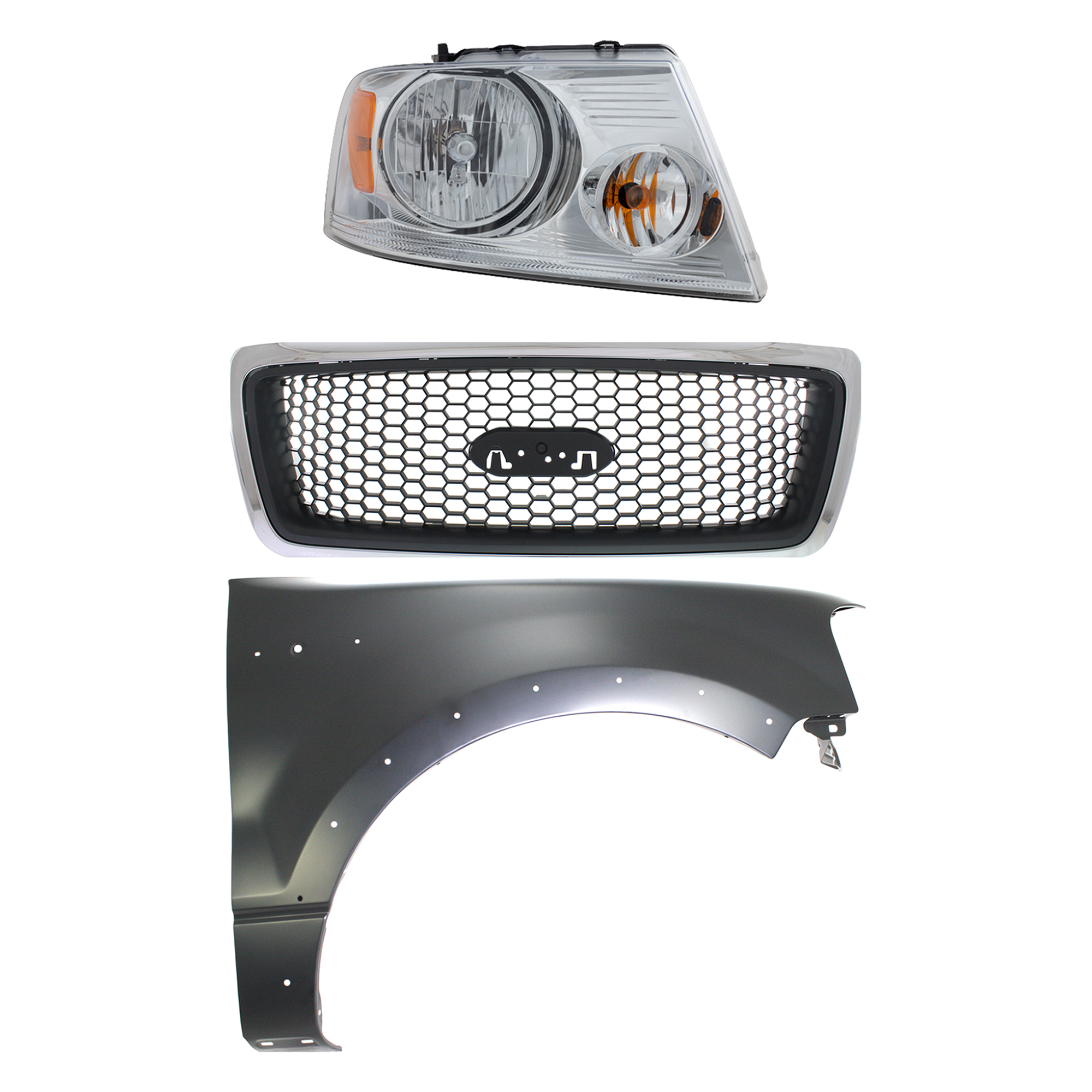 AM F 150-06-06 GRILLE Chrome Shell with Black Insert 3 pc Kit with Fender and Headlight SKU KIT 022423-109401 Partslink FO1200469 FO1241232 FO2503201 OEM 7L3Z8200CA 5L3Z16005BA 7L3Z130