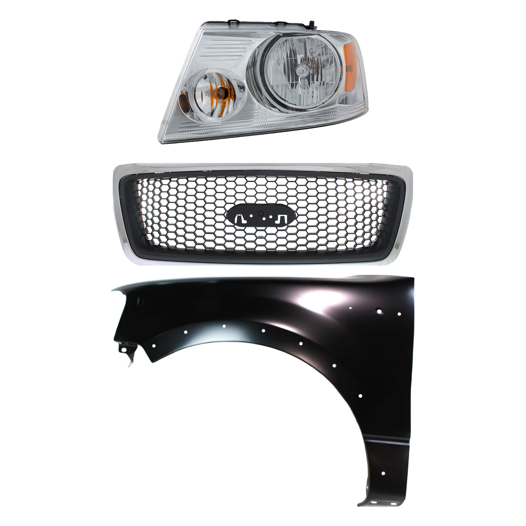 AM F 150-06-06 GRILLE Chrome Shell with Black Insert 3 pc Kit with Fender and Headlight SKU KIT 022423-109402 Partslink FO1200469 FO1240232 FO2502201 OEM 7L3Z8200CA 5L3Z16006BA 7L3Z130