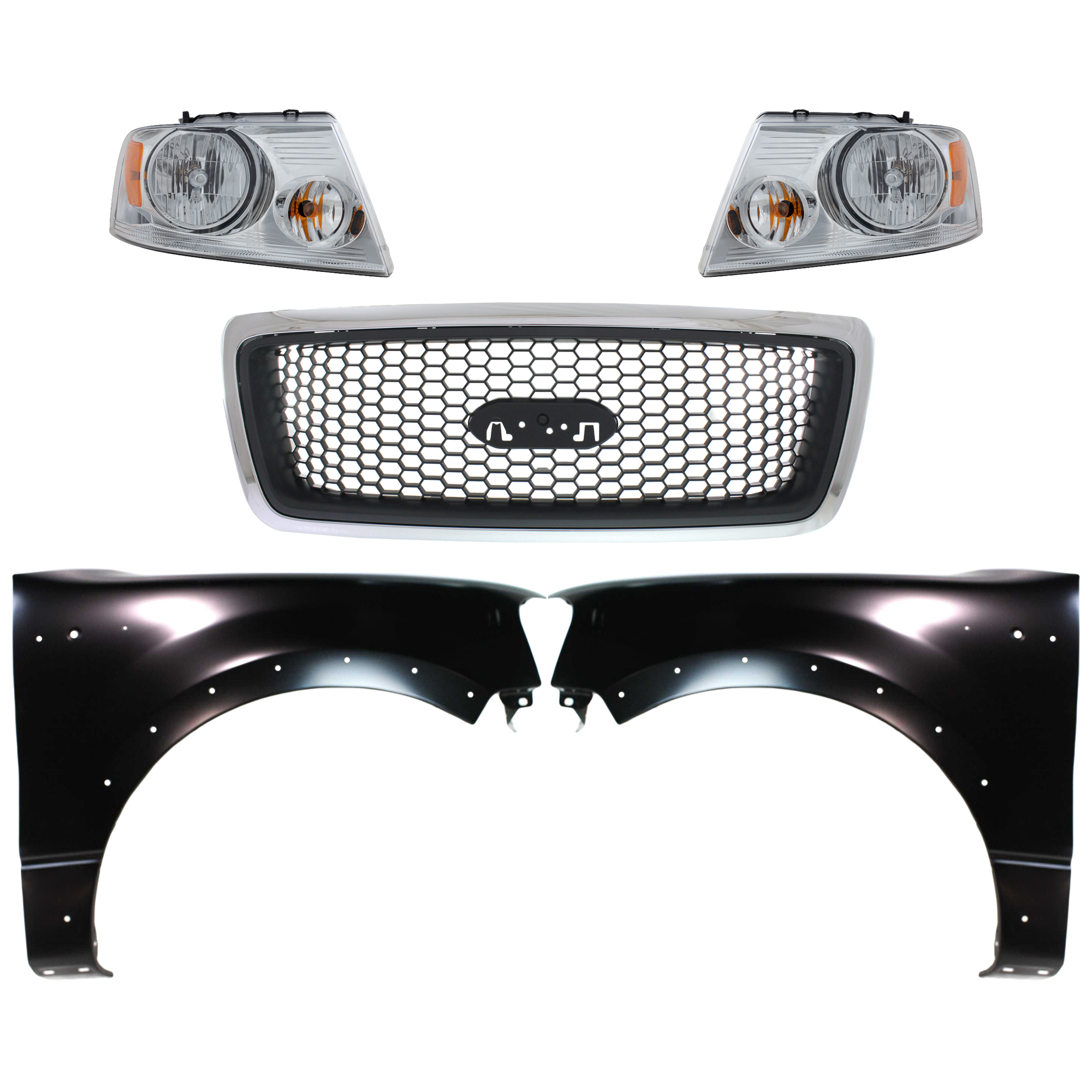 AM F 150-06-06 GRILLE Chrome Shell with Black Insert 5 pc Kit with Fenders and Headlights SKU KIT 022423-1094 Partslink FO1200469 FO1240232 FO1241232 FO2503201 FO2502201 OEM 7L3Z8200CA 5L3Z16006BA 5L3Z160