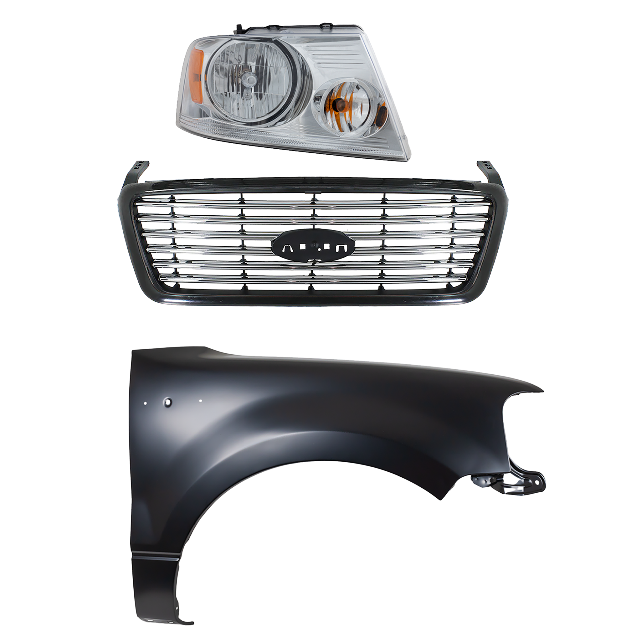 AM F 150-06-06 GRILLE Black Shell with Chrome Insert 3 pc Kit with Fender and Headlight SKU KIT 022423-109901 Partslink FO1200517 FO1241231 FO2503201 OEM 6L3Z8200APTM 5L3Z16005AA 7L3Z1