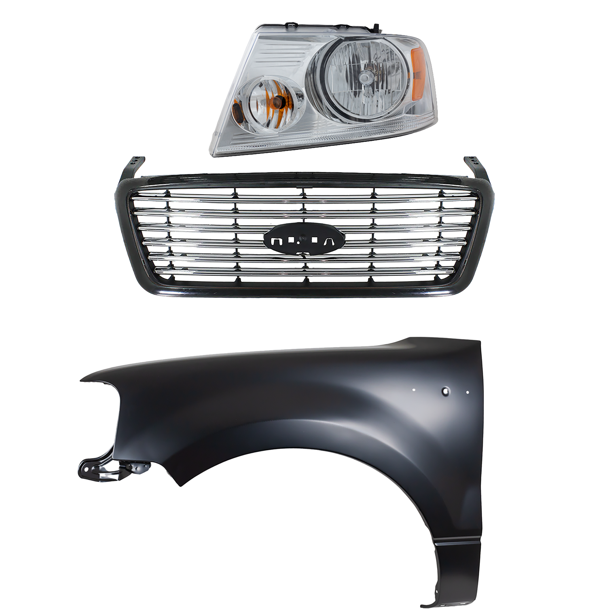 AM F 150-06-06 GRILLE Black Shell with Chrome Insert 3 pc Kit with Fender and Headlight SKU KIT 022423-109902 Partslink FO1200517 FO1240231 FO2502201 OEM 6L3Z8200APTM 5L3Z16006AA 7L3Z1