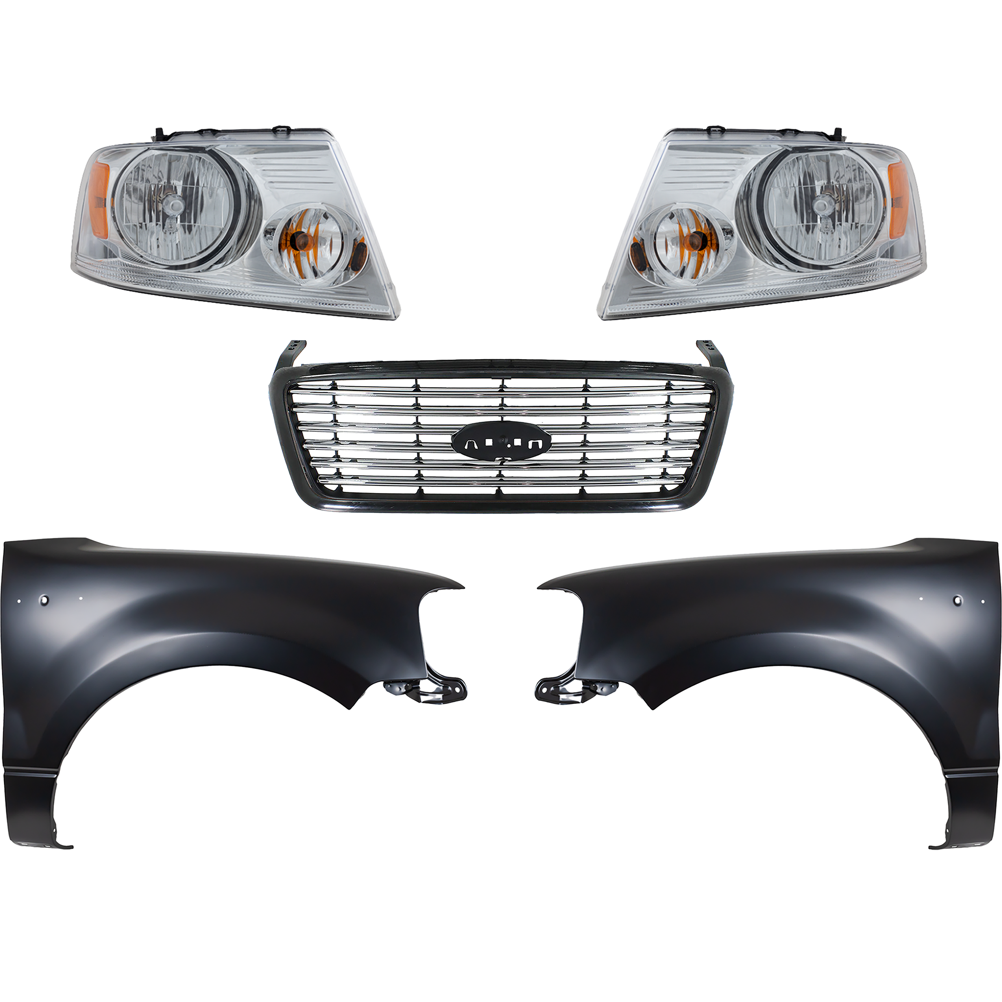 AM F 150-06-06 GRILLE Black Shell with Chrome Insert 5 pc Kit with Fenders and Headlights SKU KIT 022423-1099 Partslink FO1200517 FO1241231 FO1240231 FO2503201 FO2502201 OEM 6L3Z8200APTM 5L3Z16005AA 5L3Z1