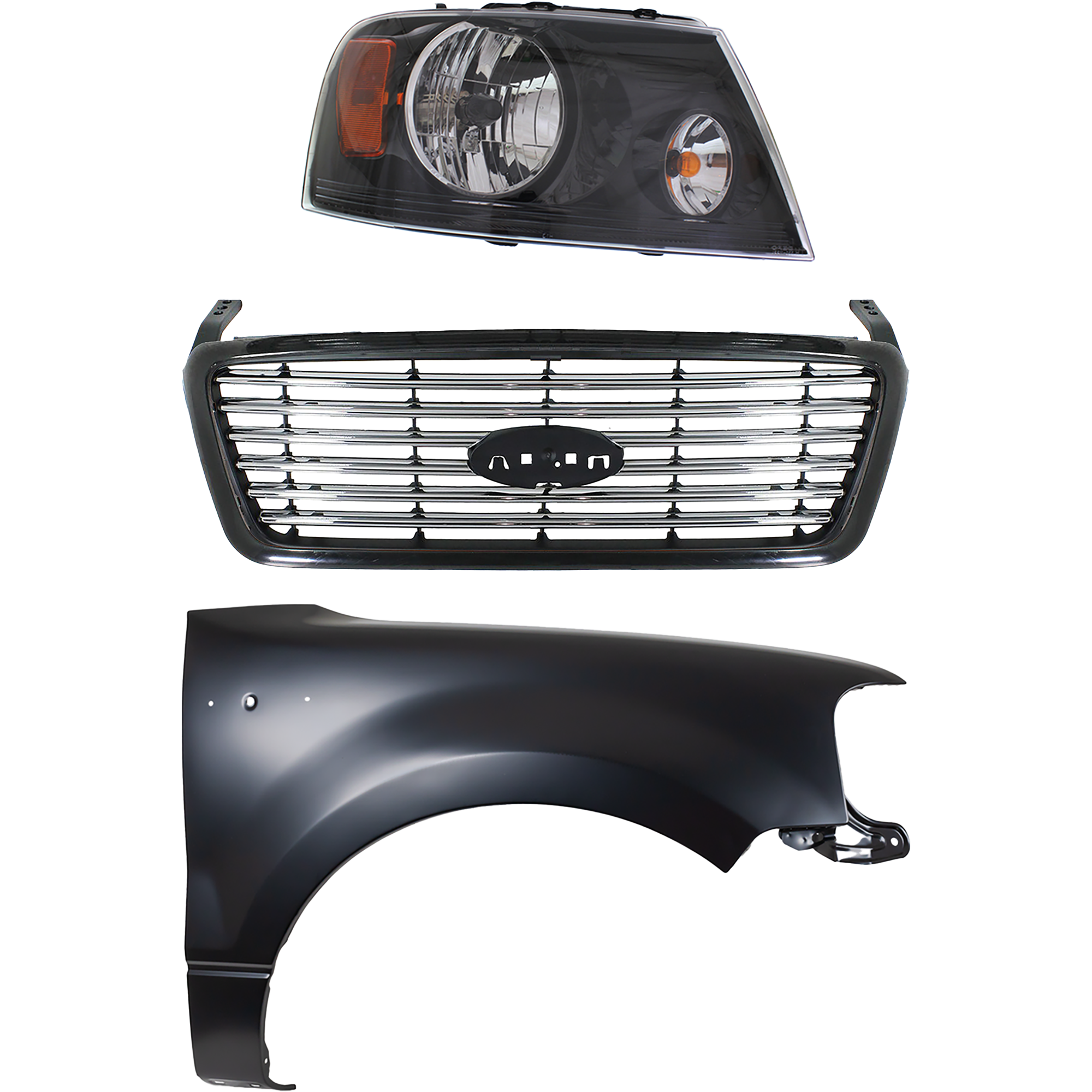 AM F 150-06-06 GRILLE Black Shell with Chrome Insert 3 pc Kit with Fender and Headlight SKU KIT 022423-110101 Partslink FO1200517 FO1241231 FO2503247 OEM 6L3Z8200APTM 5L3Z16005AA 7L3Z1