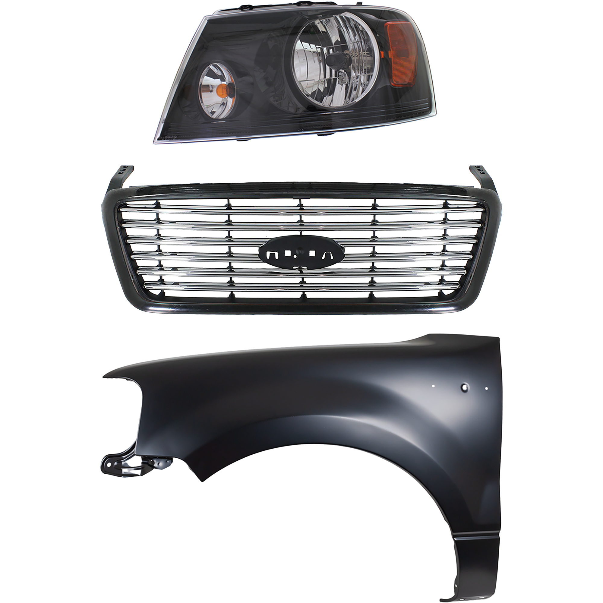 AM F 150-06-06 GRILLE Black Shell with Chrome Insert 3 pc Kit with Fender and Headlight SKU KIT 022423-110102 Partslink FO1200517 FO1240231 FO2502247 OEM 6L3Z8200APTM 5L3Z16006AA 7L3Z1