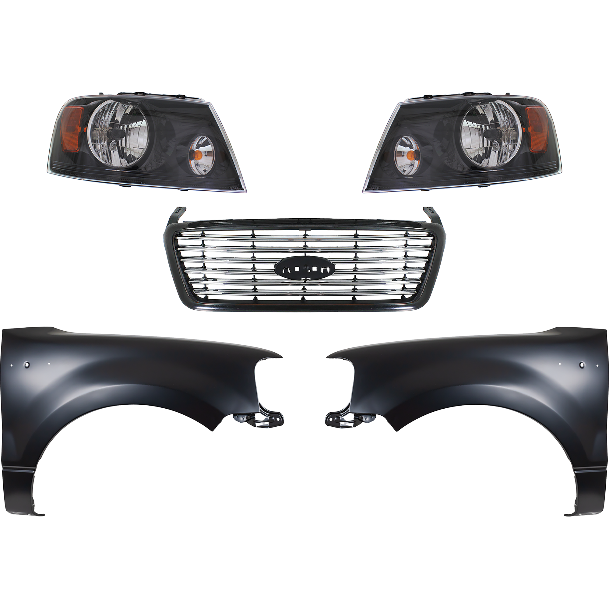 AM F 150-06-06 GRILLE Black Shell with Chrome Insert 5 pc Kit with Fenders and Headlights SKU KIT 022423-1101 Partslink FO1200517 FO1241231 FO1240231 FO2503247 FO2502247 OEM 6L3Z8200APTM 5L3Z16005AA 5L3Z1