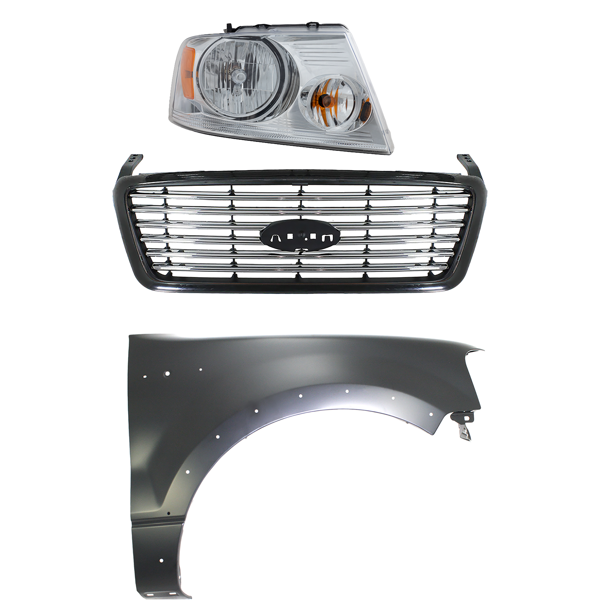AM F 150-06-06 GRILLE Black Shell with Chrome Insert 3 pc Kit with Fender and Headlight SKU KIT 022423-110301 Partslink FO1200517 FO1241232 FO2503201 OEM 6L3Z8200APTM 5L3Z16005BA 7L3Z1