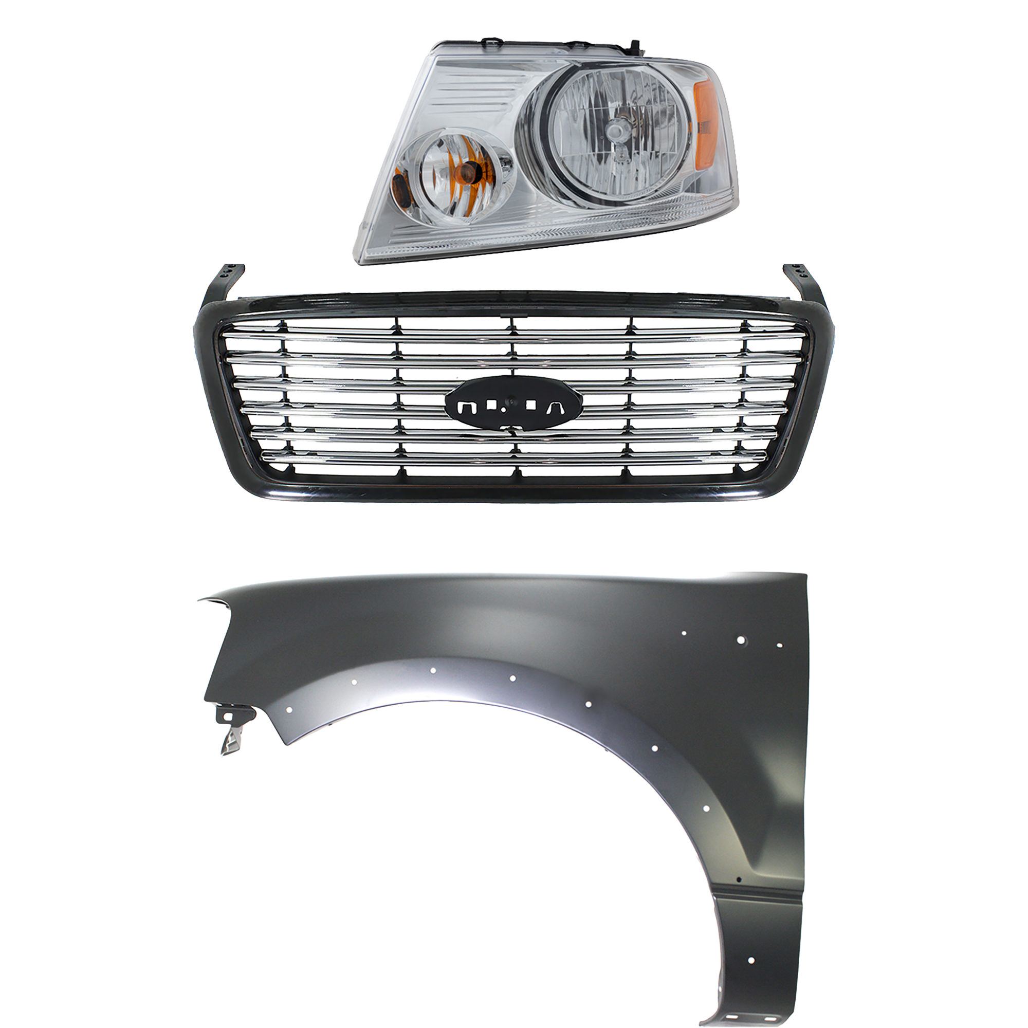AM F 150-06-06 GRILLE Black Shell with Chrome Insert 3 pc Kit with Fender and Headlight SKU KIT 022423-110302 Partslink FO1200517 FO1240232 FO2502201 OEM 6L3Z8200APTM 5L3Z16006BA 7L3Z1