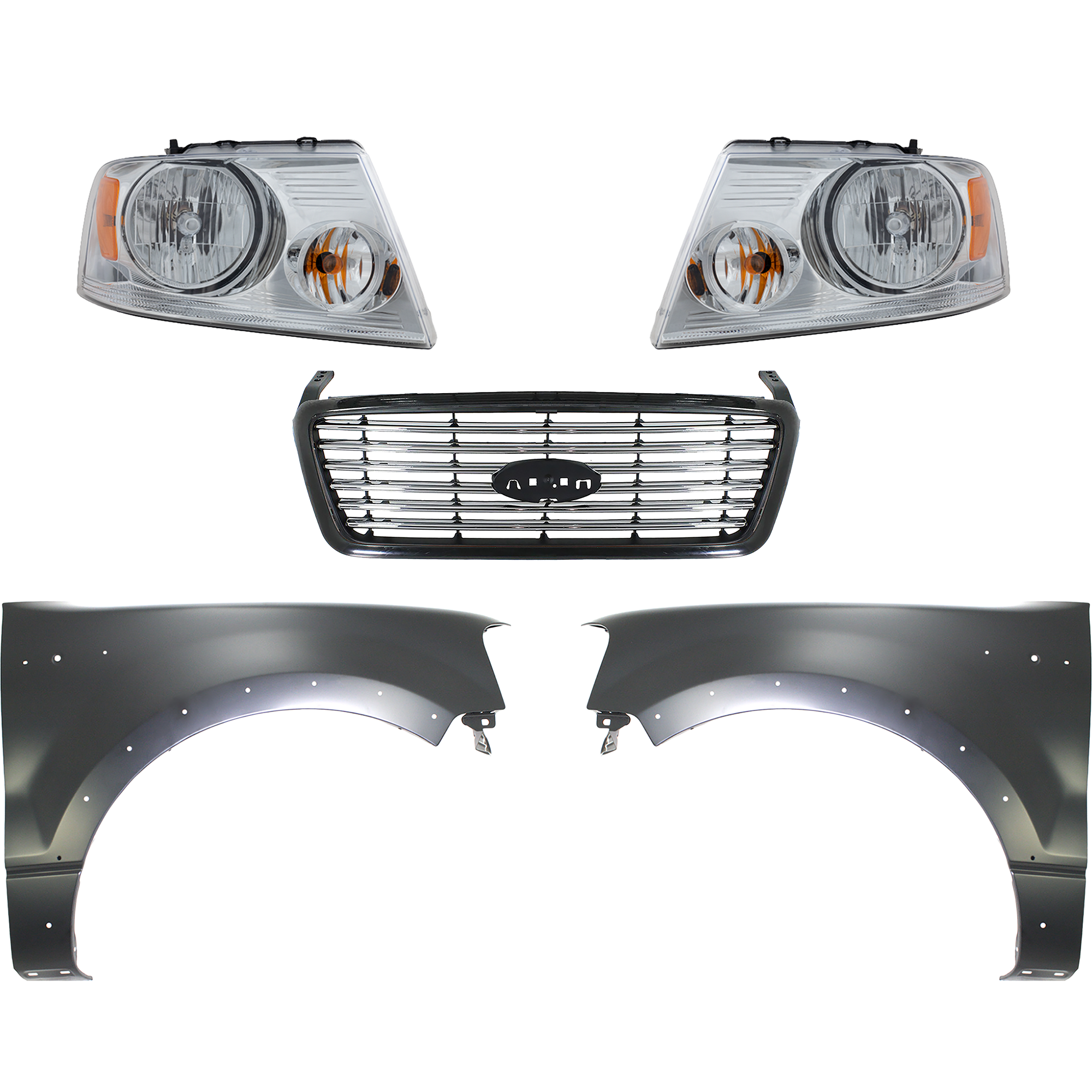 AM F 150-06-06 GRILLE Black Shell with Chrome Insert 5 pc Kit with Fenders and Headlights SKU KIT 022423-1103 Partslink FO1200517 FO1240232 FO1241232 FO2503201 FO2502201 OEM 6L3Z8200APTM 5L3Z16006BA 5L3Z1