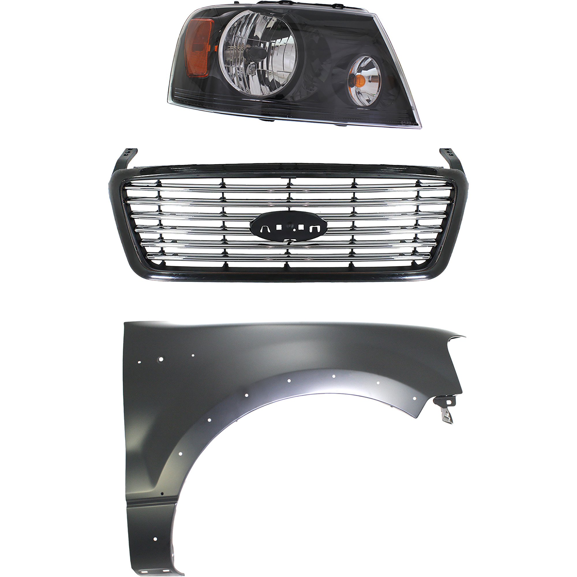 AM F 150-06-06 GRILLE Black Shell with Chrome Insert 3 pc Kit with Fender and Headlight SKU KIT 022423-110501 Partslink FO1200517 FO1241232 FO2503247 OEM 6L3Z8200APTM 5L3Z16005BA 7L3Z1