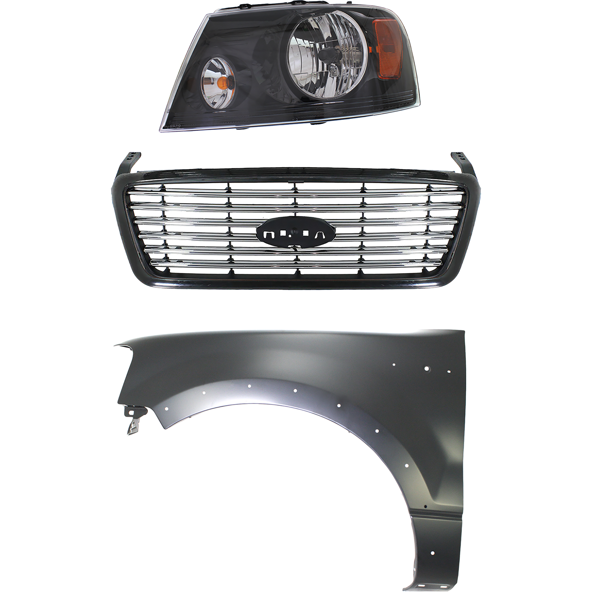 AM F 150-06-06 GRILLE Black Shell with Chrome Insert 3 pc Kit with Fender and Headlight SKU KIT 022423-110502 Partslink FO1200517 FO1240232 FO2502247 OEM 6L3Z8200APTM 5L3Z16006BA 7L3Z1