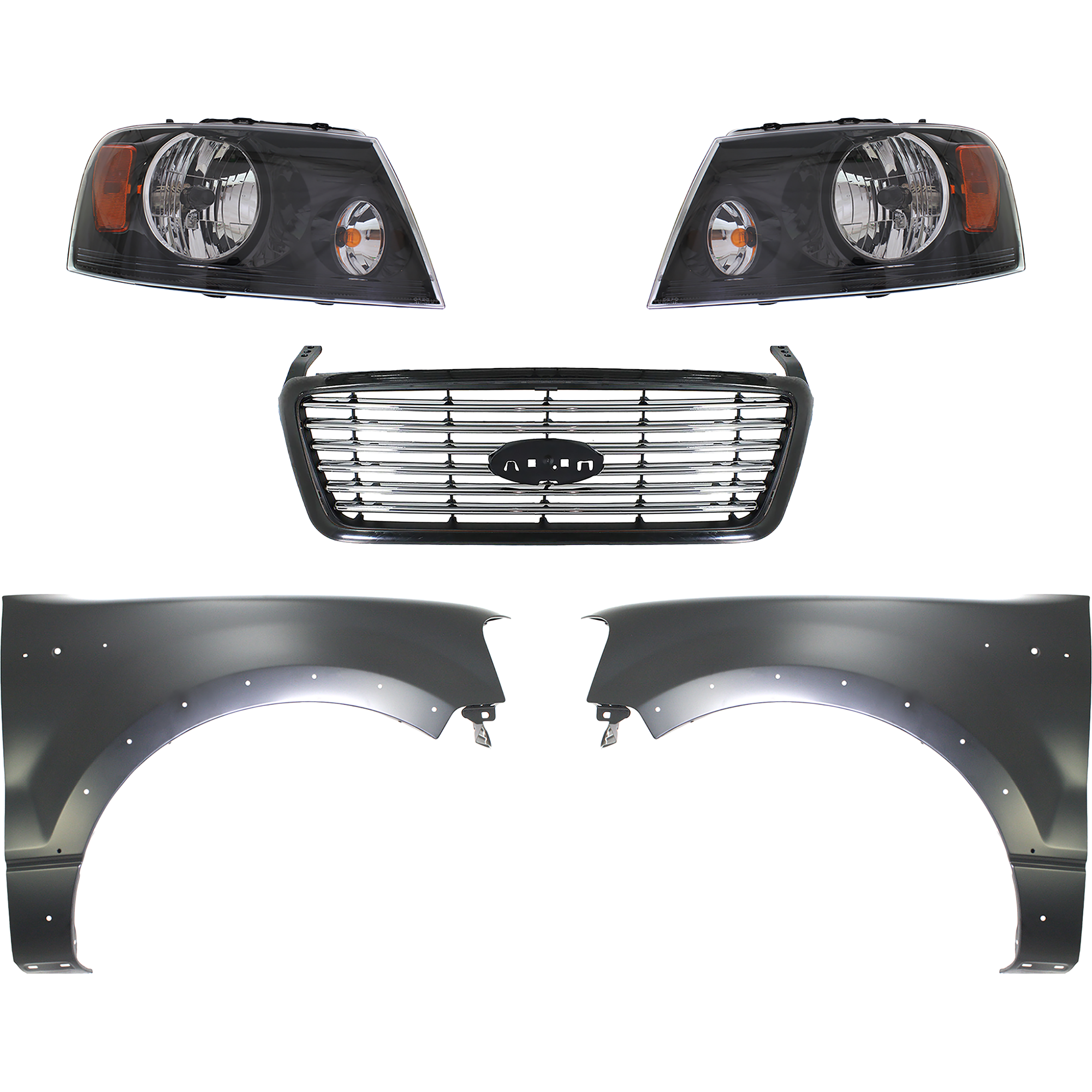 AM F 150-06-06 GRILLE Black Shell with Chrome Insert 5 pc Kit with Fenders and Headlights SKU KIT 022423-1105 Partslink FO1200517 FO1240232 FO1241232 FO2503247 FO2502247 OEM 6L3Z8200APTM 5L3Z16006BA 5L3Z1