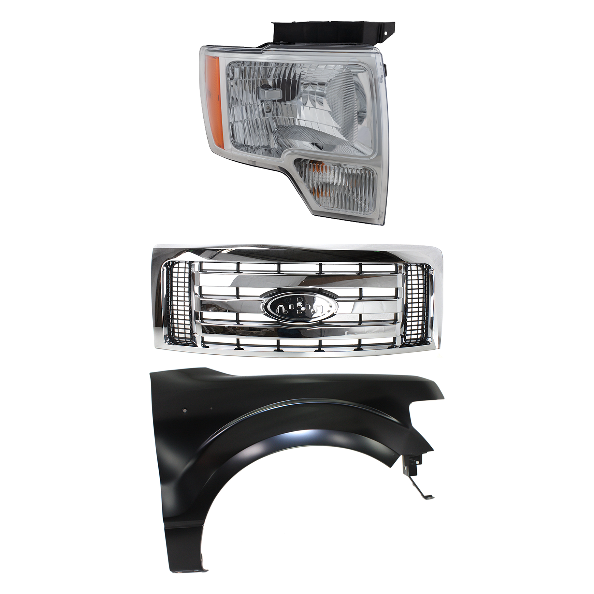 AM F 150-09-12 GRILLE 3 pc Kit Plastic XLT Models with Fender and Headlight CAPA SKU KIT 022423-115201 Partslink FO1200511C FO1241272C FO2503287C FO2503289C OEM 9L3Z8200D CL3Z16005A DL3Z13008