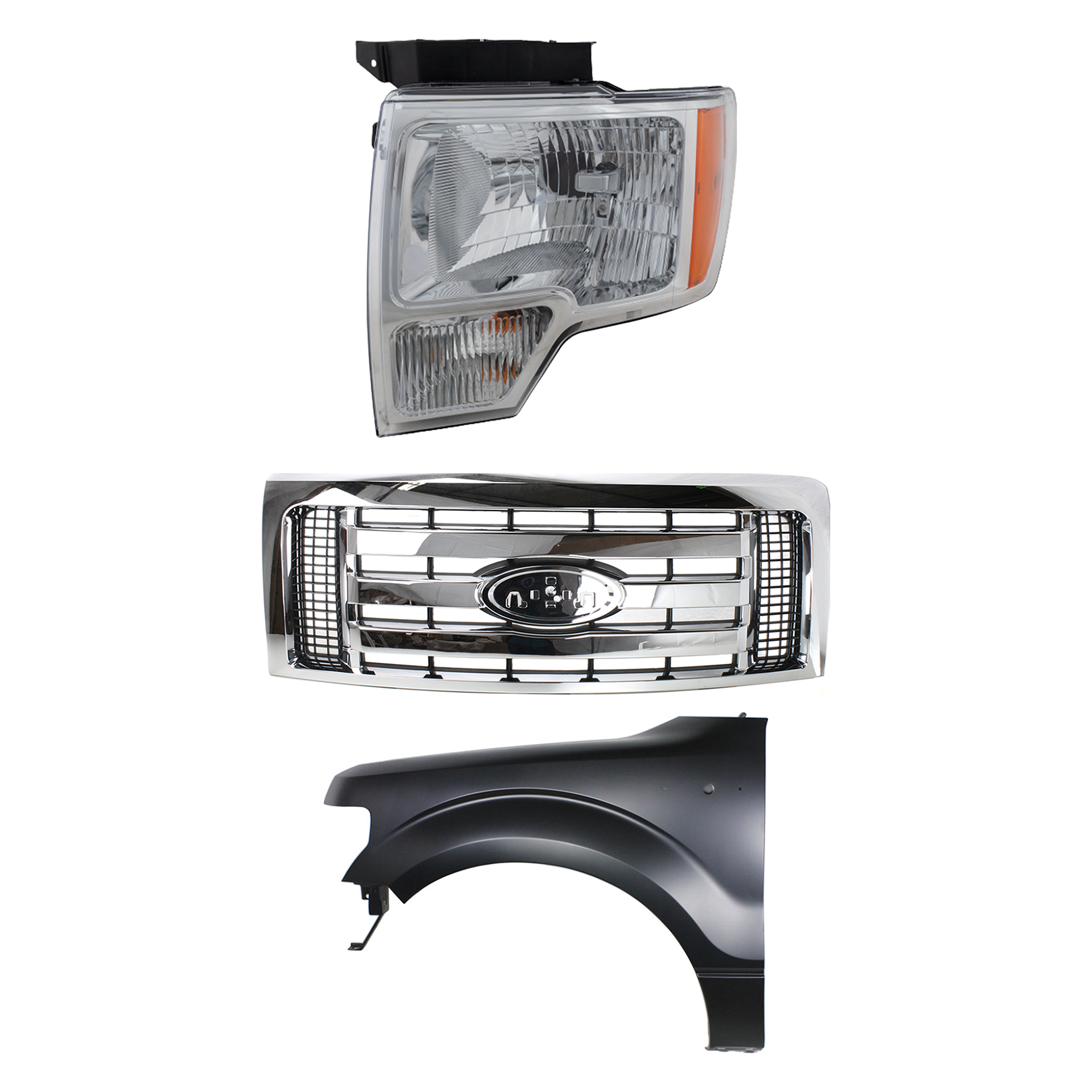 AM F 150-09-12 GRILLE 3 pc Kit Plastic XLT Models with Fender and Headlight CAPA SKU KIT 022423-115202 Partslink FO1200511C FO1240272C FO2502287C FO2502289C OEM 9L3Z8200D BL3Z16006A DL3Z13008