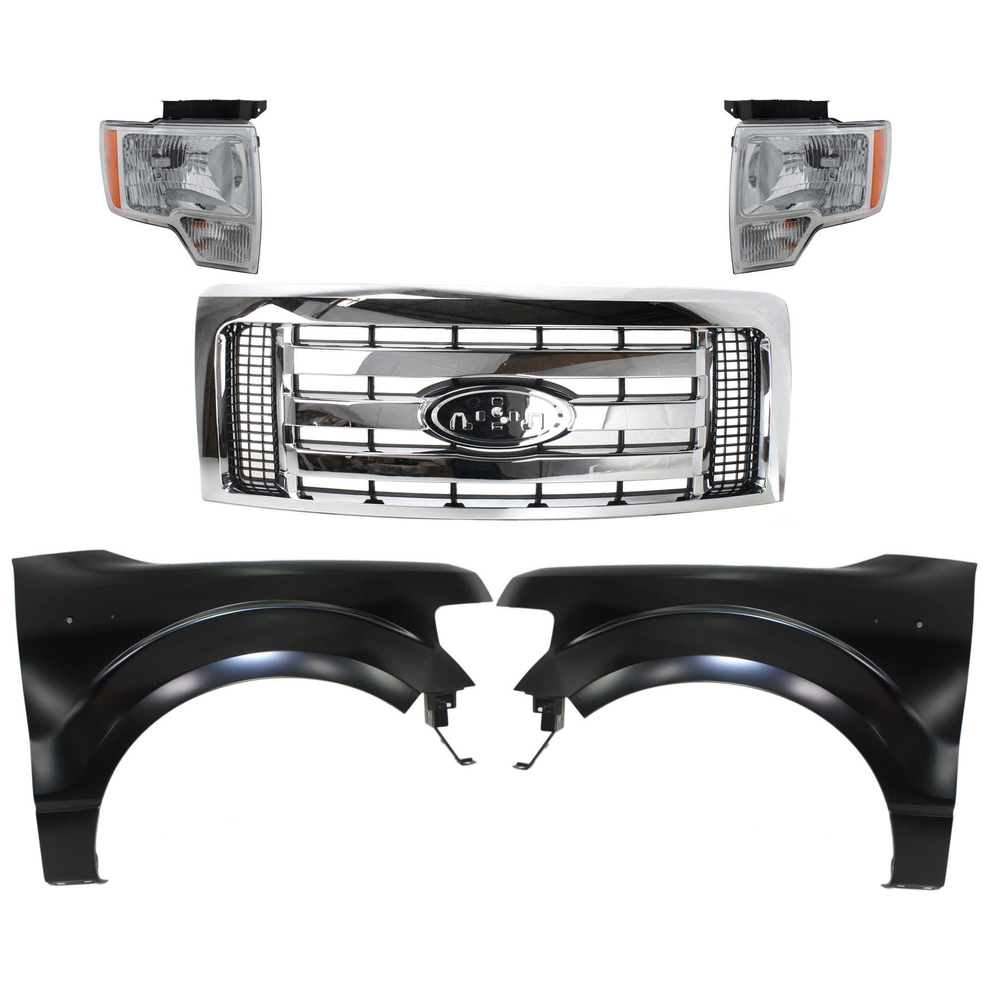 AM F 150-09-12 GRILLE Chrome Shell with Black Insert 5 pc Kit with Fenders and Headlights SKU KIT 022423-1152 Partslink FO1200511C FO1240272C FO1241272C FO2502287C FO2502289C FO2503287C FO2503289C OEM 9L3Z8200D BL3Z16006A CL3Z16005