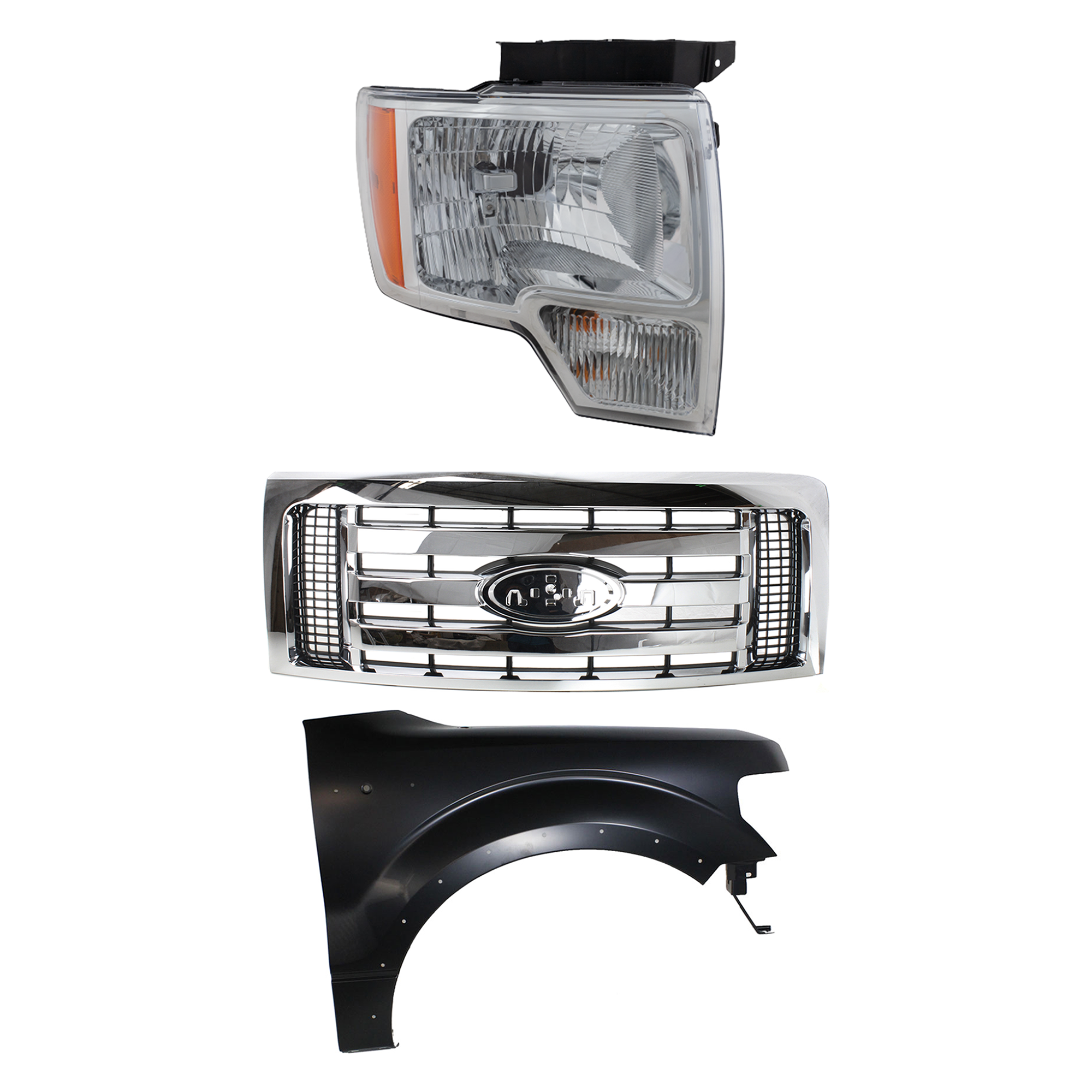 AM F 150-09-12 GRILLE 3 pc Kit Plastic XLT Models with Fender and Headlight CAPA SKU KIT 022423-115301 Partslink FO1200511C FO1241273C FO2503287C FO2503289C OEM 9L3Z8200D CL3Z16005B DL3Z13008