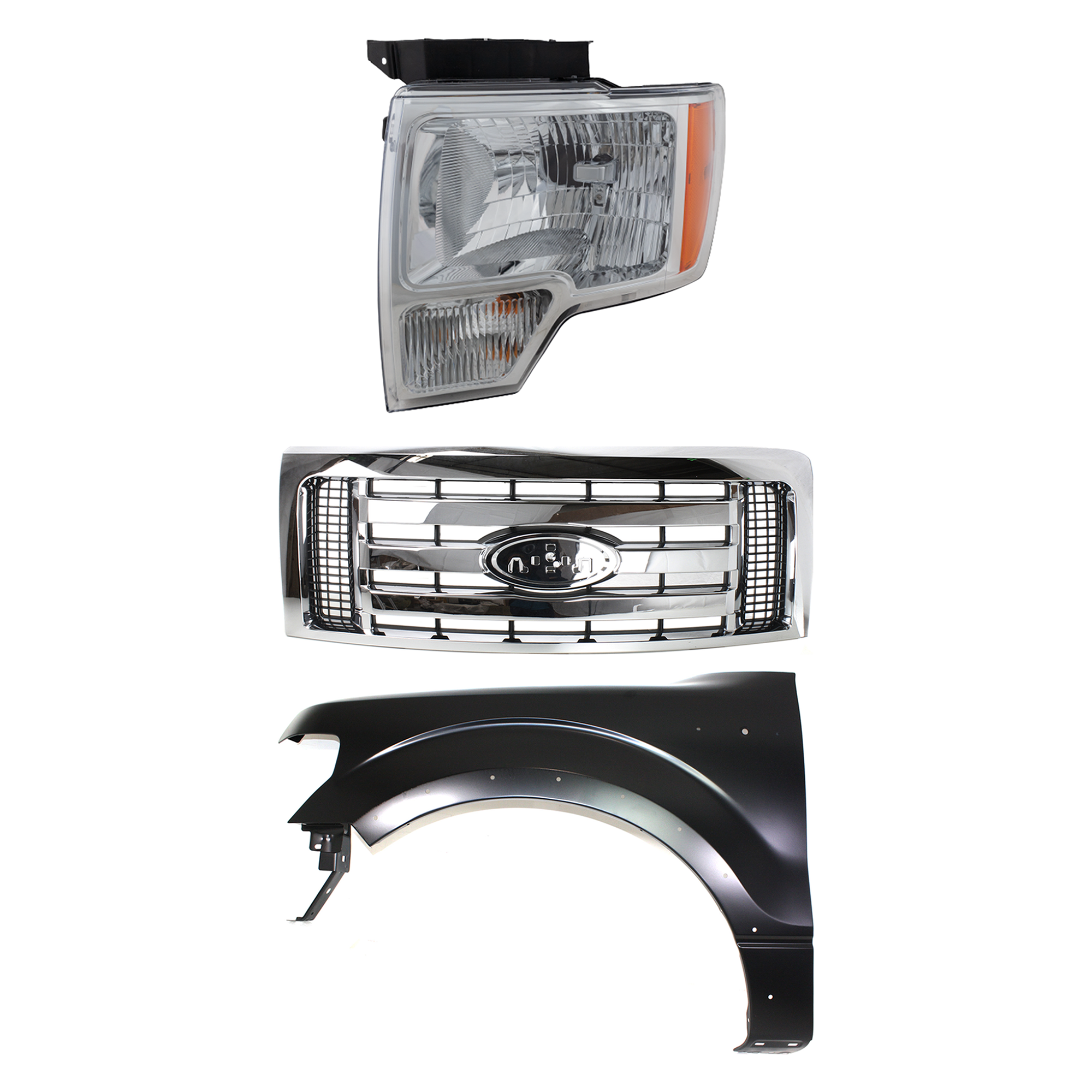 AM F 150-09-12 GRILLE 3 pc Kit Plastic XLT Models with Fender and Headlight CAPA SKU KIT 022423-115302 Partslink FO1200511C FO1240273C FO2502287C FO2502289C OEM 9L3Z8200D BL3Z16006B DL3Z13008