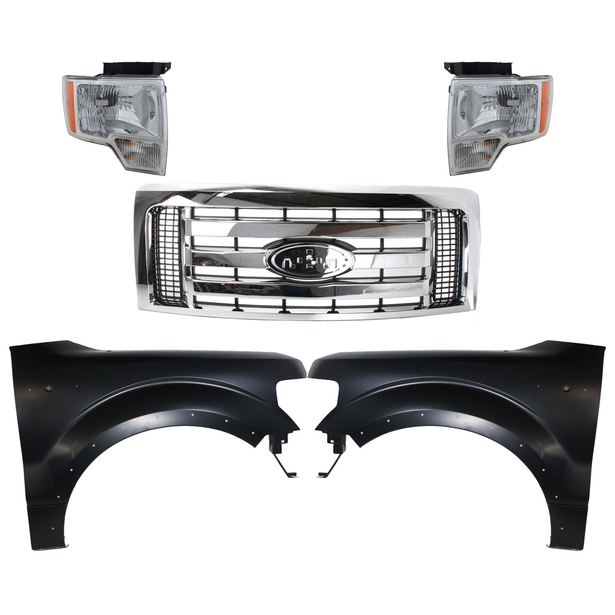 AM F 150-09-12 GRILLE Chrome Shell with Black Insert 5 pc Kit with Fenders and Headlights SKU KIT 022423-1153 Partslink FO1200511C FO1240273C FO1241273C FO2502287C FO2502289C FO2503287C FO2503289C OEM 9L3Z8200D BL3Z16006B CL3Z16005