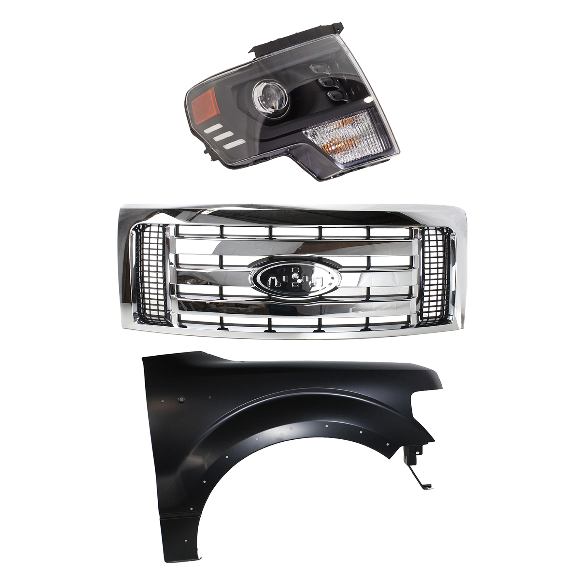 AM F 150-09-12 GRILLE 3 pc Kit with Fender and Headlight CAPA SKU KIT 022423-115401 Partslink FO1200511C FO1241273C FO2503403 OEM 9L3Z8200D CL3Z16005B DL3Z13008