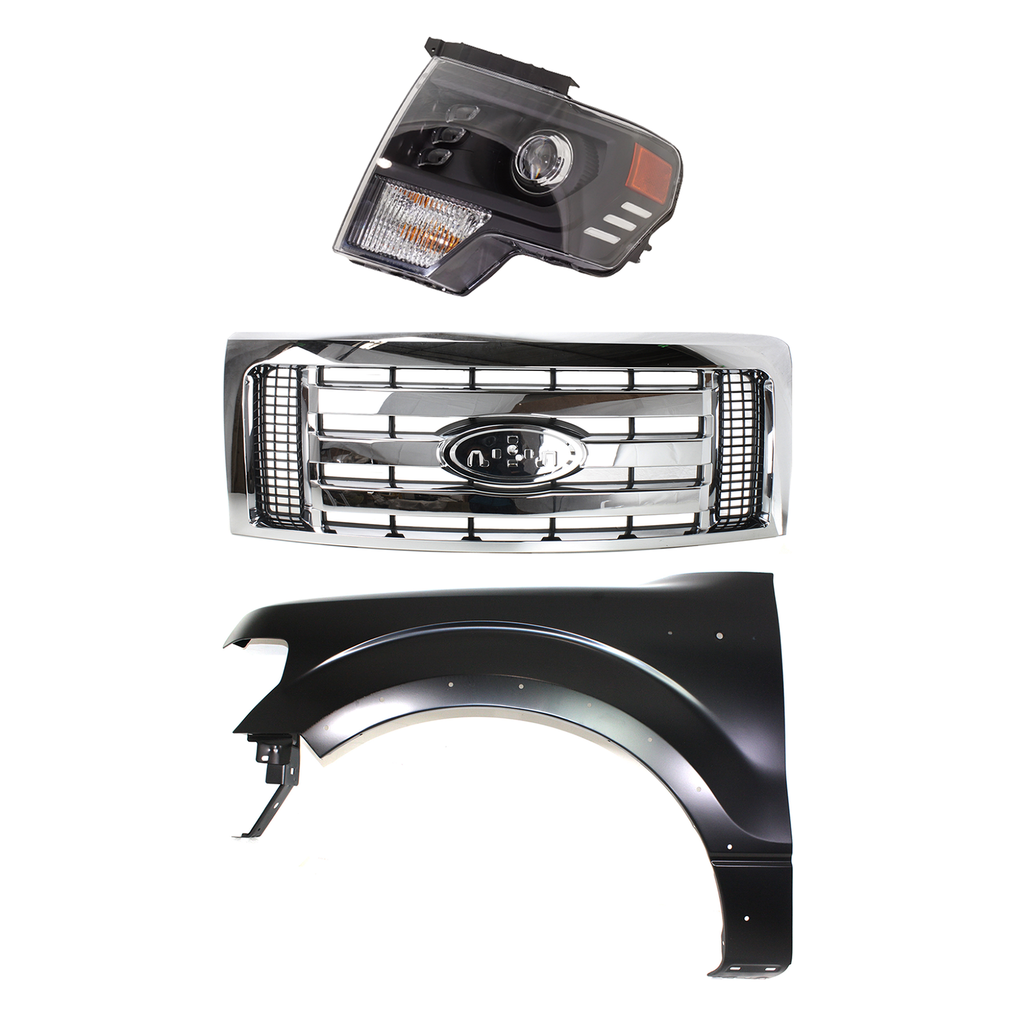AM F 150-09-12 GRILLE 3 pc Kit with Fender and Headlight CAPA SKU KIT 022423-115402 Partslink FO1200511C FO1240273C FO2502403 OEM 9L3Z8200D BL3Z16006B DL3Z13008