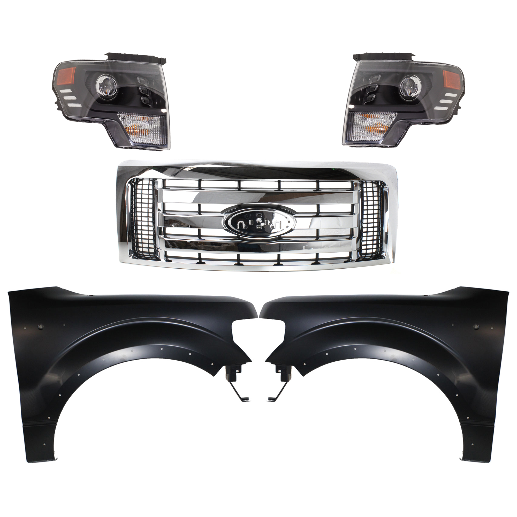 AM F 150-09-12 GRILLE 5 pc Kit with Fenders and Headlights CAPA SKU KIT 022423-1154 Partslink FO1200511C FO1240273C FO1241273C FO2502403 FO2503403 OEM 9L3Z8200D BL3Z16006B CL3Z16005