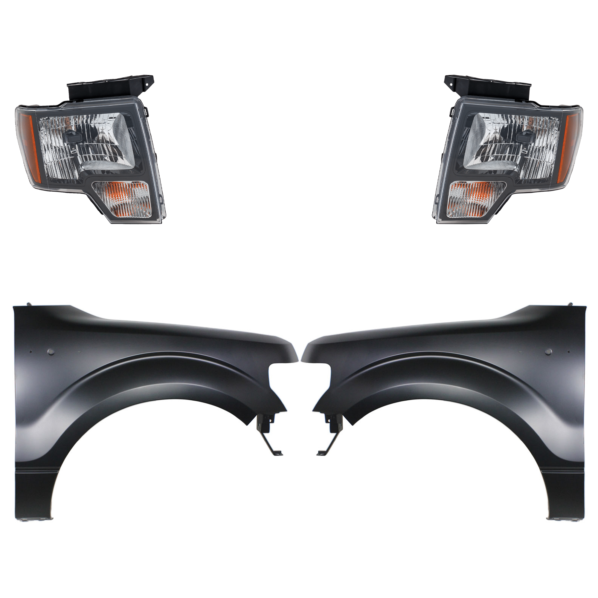 AM F 150-10-14 HEAD LAMP RH AND LH 4 pc Kit Assembly Halogen with Fenders CAPA SKU KIT 022423-116703 Partslink FO2502289C FO2503289C FO1240272C FO1241272C OEM DL3Z13008EB DL3Z13008EC BL3Z16