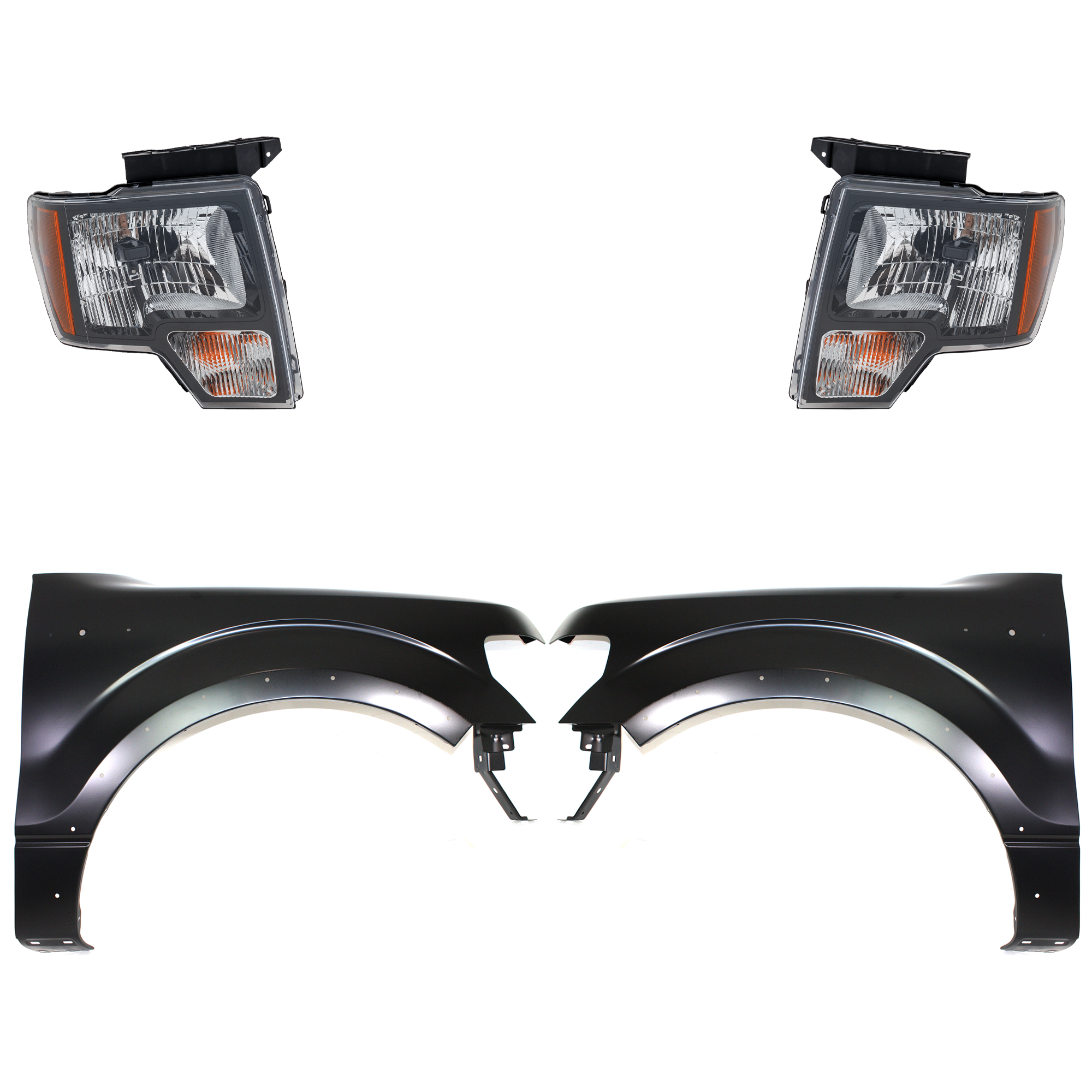 AM F 150-11-14 HEAD LAMP RH AND LH Assembly Halogen 4 pc Kit with Fenders SKU KIT 022423-116803 Partslink FO1240273C FO1241273C FO2502289C FO2503289C OEM BL3Z16006B CL3Z16005B DL3Z1300