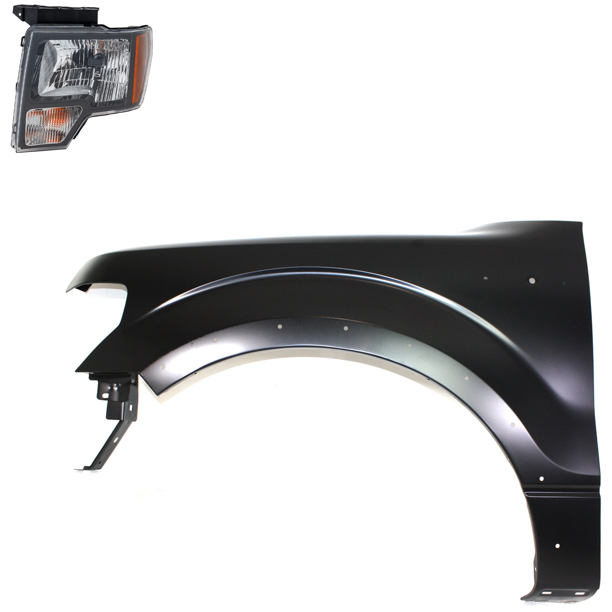 AM F 150-11-14 FRONT FENDER LH Primed 2 pc Kit with Headlight SKU KIT 022423-116805 Partslink FO1240273C FO2502289C OEM BL3Z16006B DL3Z13008EC