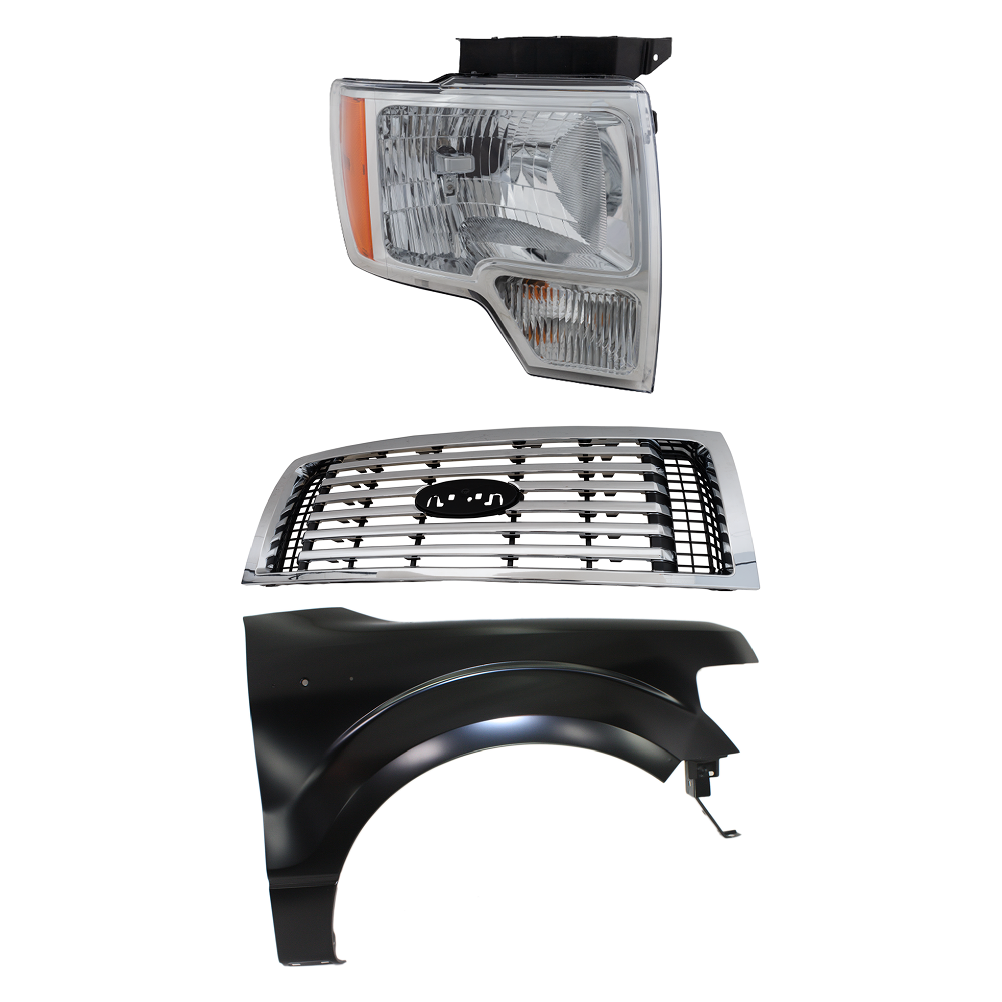 AM F 150-10-12 GRILLE 3 pc Kit Plastic XLT Models with Fender and Headlight CAPA SKU KIT 022423-116901 Partslink FO1200531C FO1241272C FO2503287C FO2503289C OEM AL3Z8200C CL3Z16005A DL3Z13008