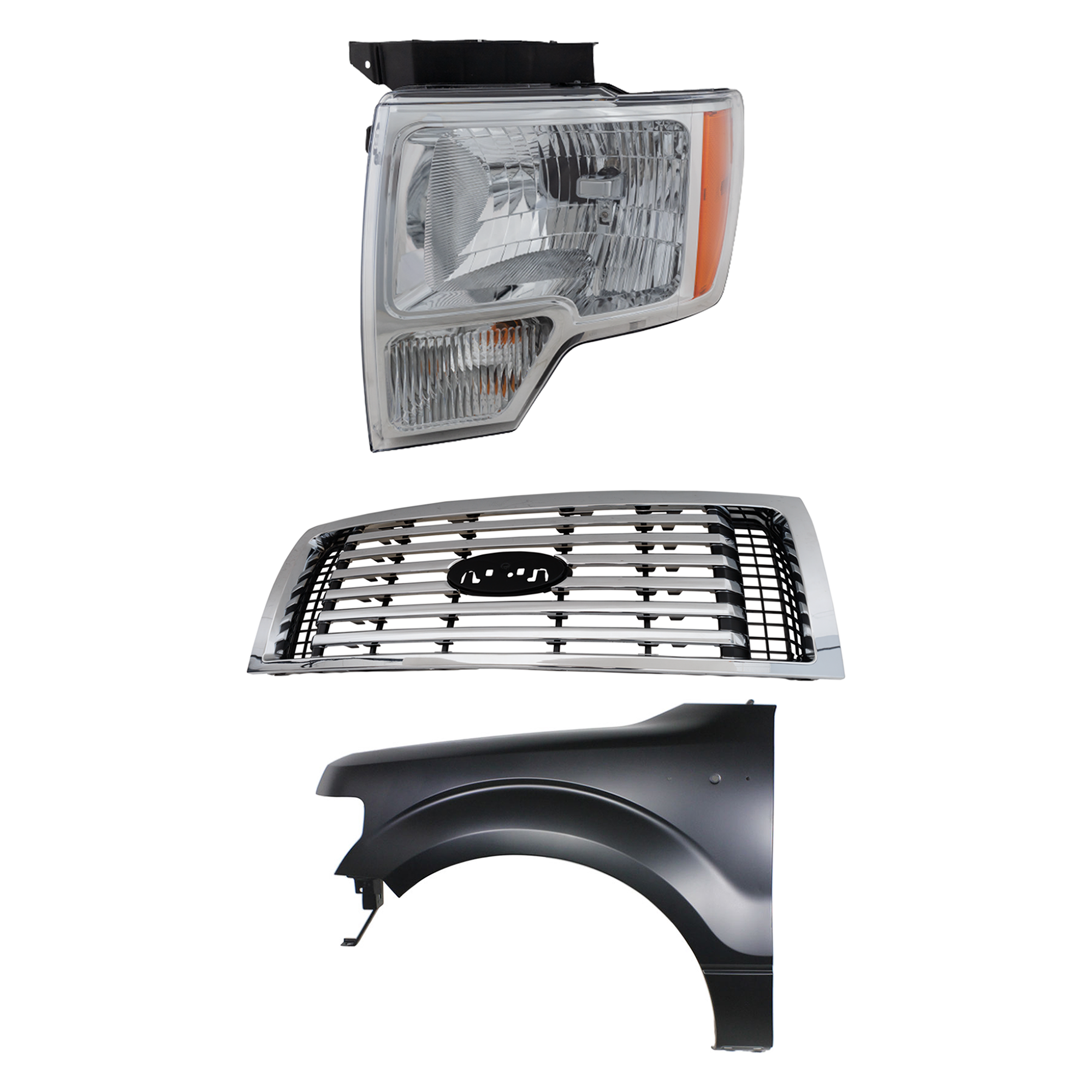 AM F 150-10-12 GRILLE 3 pc Kit Plastic XLT Models with Fender and Headlight CAPA SKU KIT 022423-116902 Partslink FO1200531C FO1240272C FO2502287C FO2502289C OEM AL3Z8200C BL3Z16006A DL3Z13008