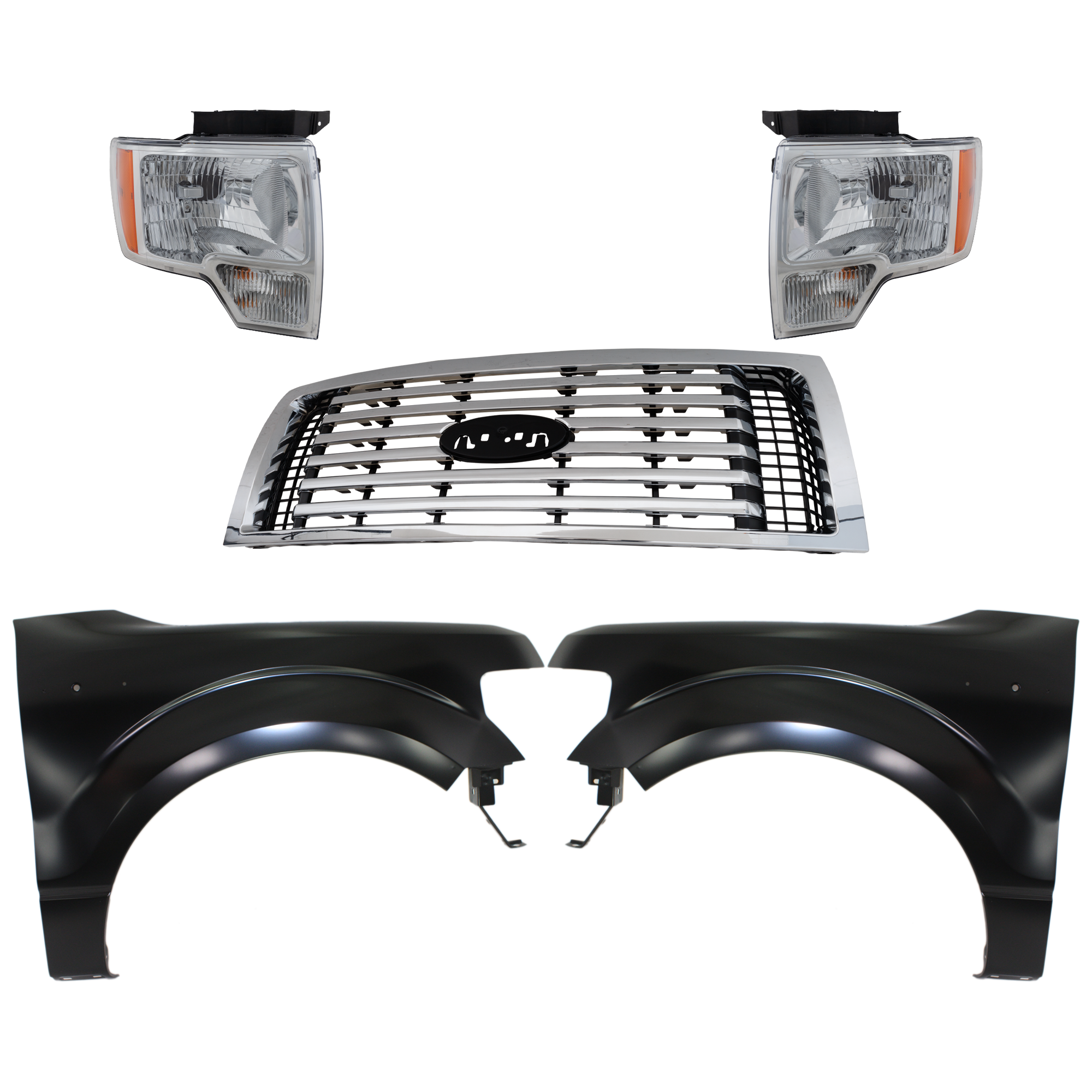 AM F 150-10-12 GRILLE Chrome Shell and Insert 5 pc Kit with Fenders and Headlights SKU KIT 022423-1169 Partslink FO1200531C FO1240272C FO1241272C FO2502287C FO2502289C FO2503287C FO2503289C OEM AL3Z8200C BL3Z16006A CL3Z16005