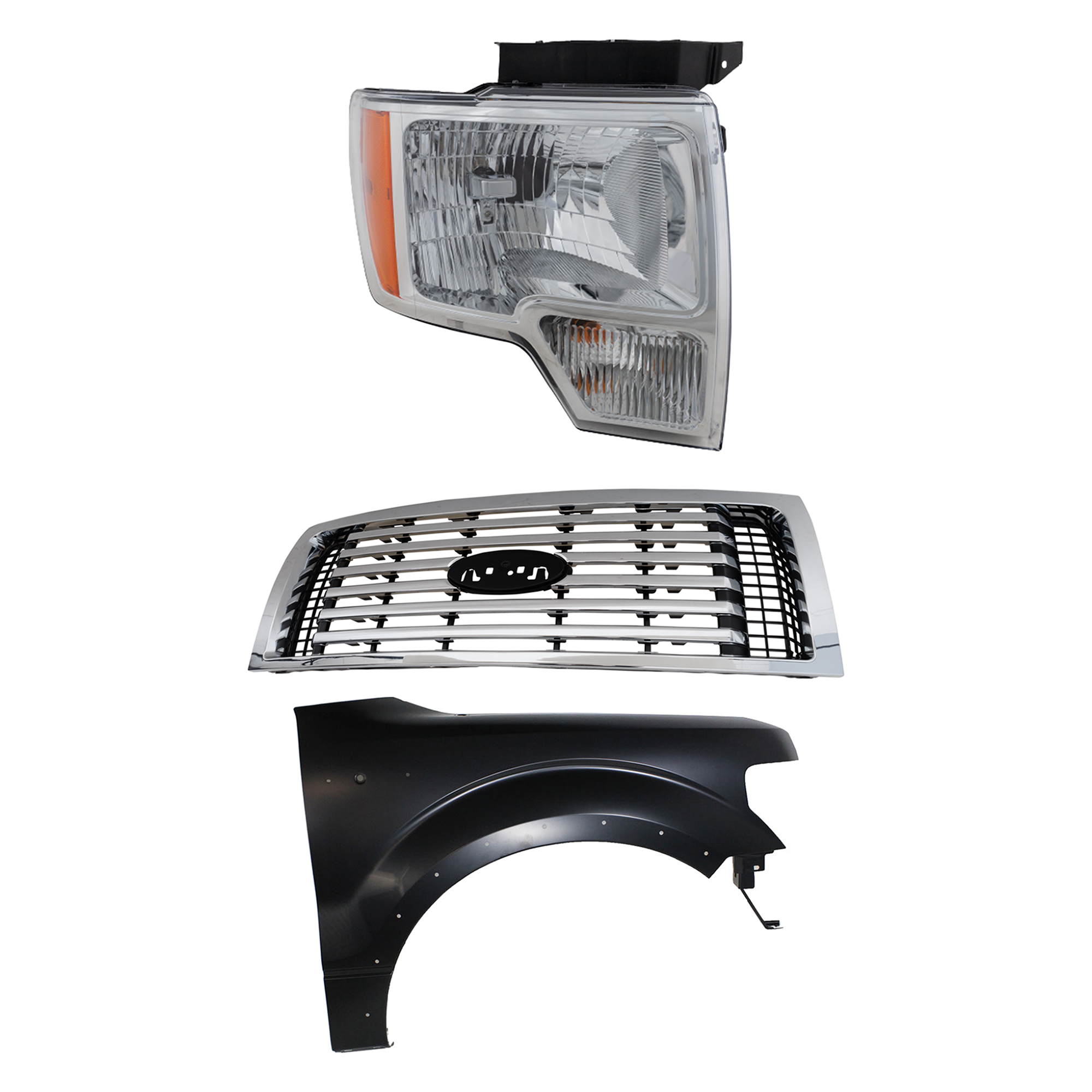 AM F 150-10-12 GRILLE 3 pc Kit Plastic XLT Models with Fender and Headlight CAPA SKU KIT 022423-117001 Partslink FO1200531C FO1241273C FO2503287C FO2503289C OEM AL3Z8200C CL3Z16005B DL3Z13008