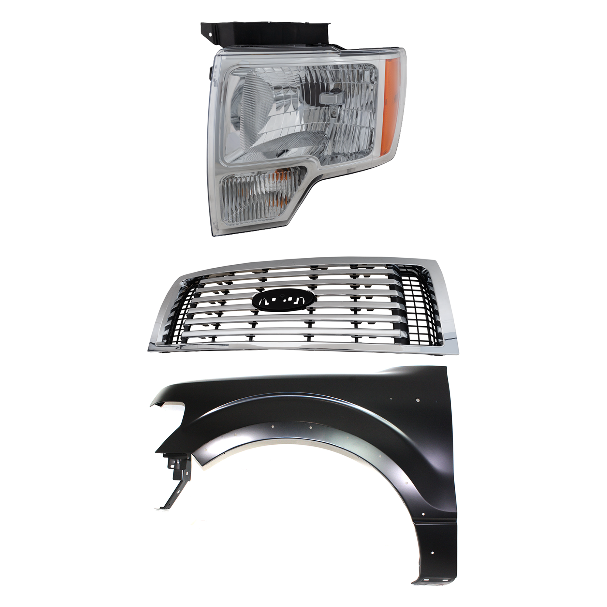 AM F 150-10-12 GRILLE 3 pc Kit Plastic XLT Models with Fender and Headlight CAPA SKU KIT 022423-117002 Partslink FO1200531C FO1240273C FO2502287C FO2502289C OEM AL3Z8200C BL3Z16006B DL3Z13008