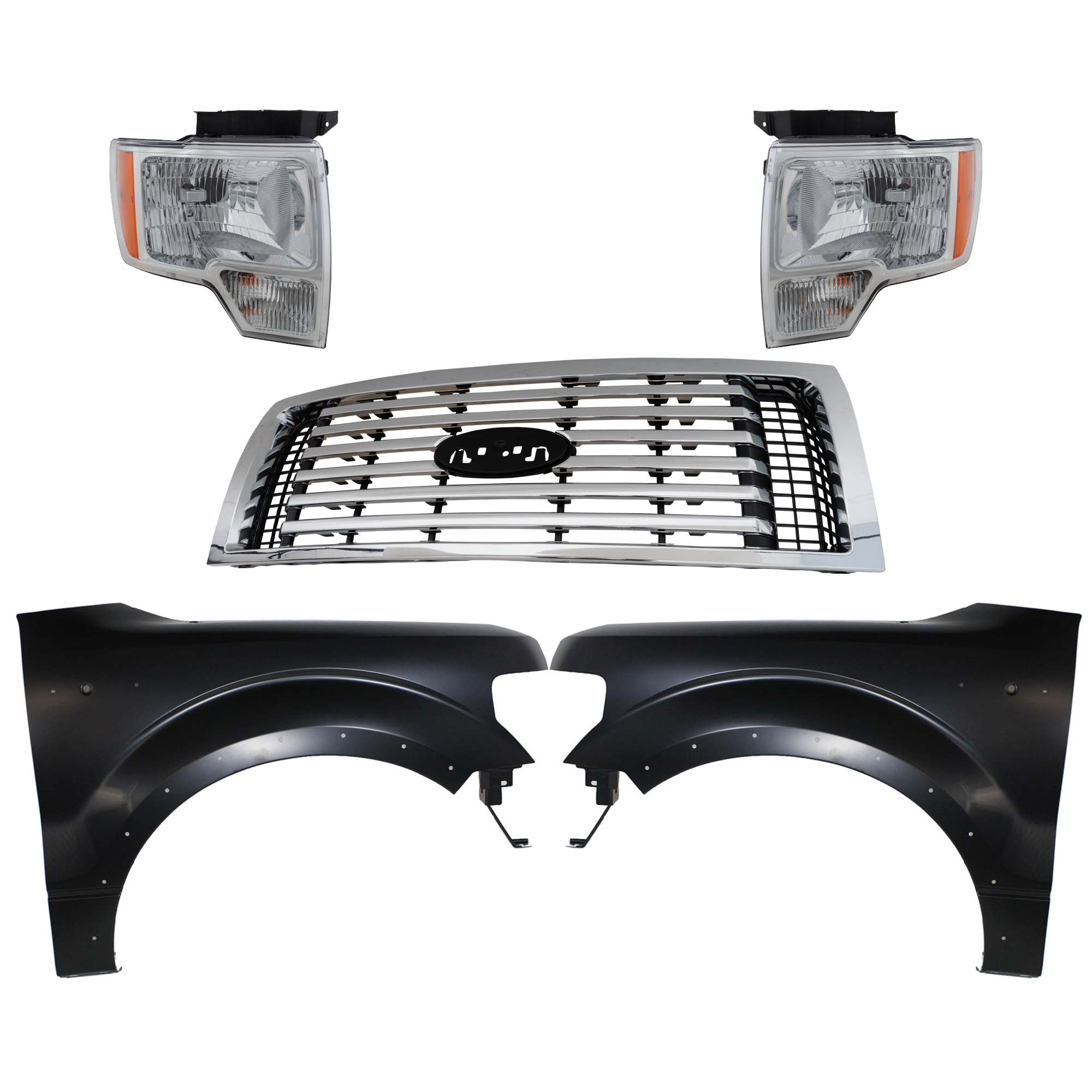 AM F 150-10-12 GRILLE Chrome Shell and Insert 5 pc Kit with Fenders and Headlights SKU KIT 022423-1170 Partslink FO1200531C FO1240273C FO1241273C FO2502287C FO2502289C FO2503287C FO2503289C OEM AL3Z8200C BL3Z16006B CL3Z16005