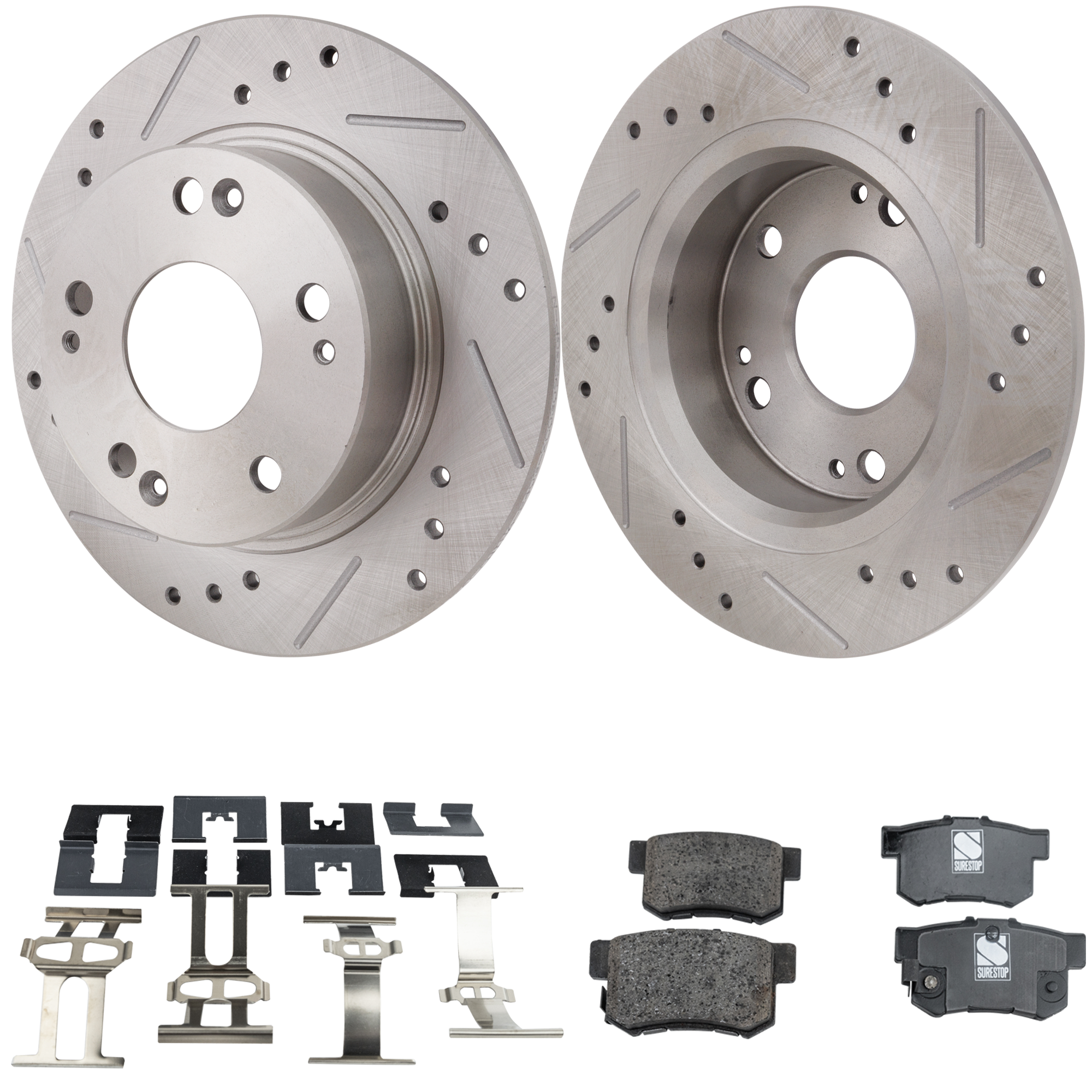 AM ACCORD 03-07 TSX 04-08 REAR BRAKE DISC AND PAD KIT 4 pc Kit Cross drilled and Slotted SKU KIT 022423-15 OEM 19342-31315-145405-0832932