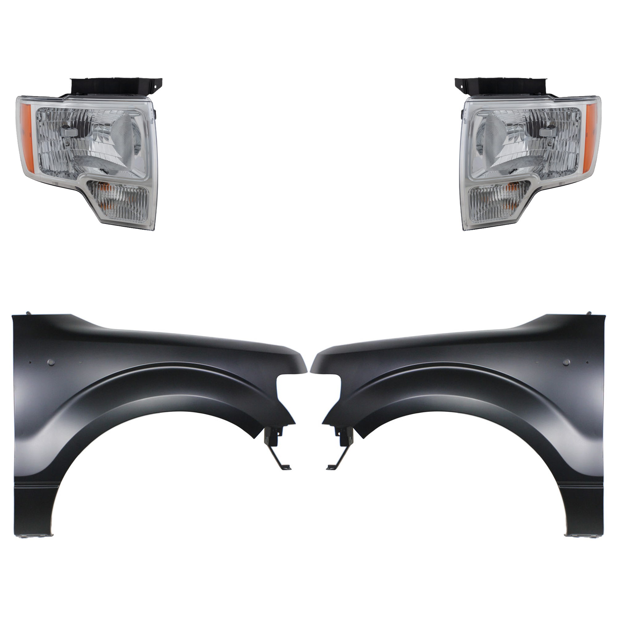 AM F 150-09-14 FRONT FENDER RH AND LH 4 pc Kit Black Steel with Headlights CAPA SKU KIT 022423-2903 Partslink FO1240272C FO1241272C FO2502287C FO2502289C FO2503287C FO2503289C OEM BL3Z16006A CL3Z16005A DL3Z1300