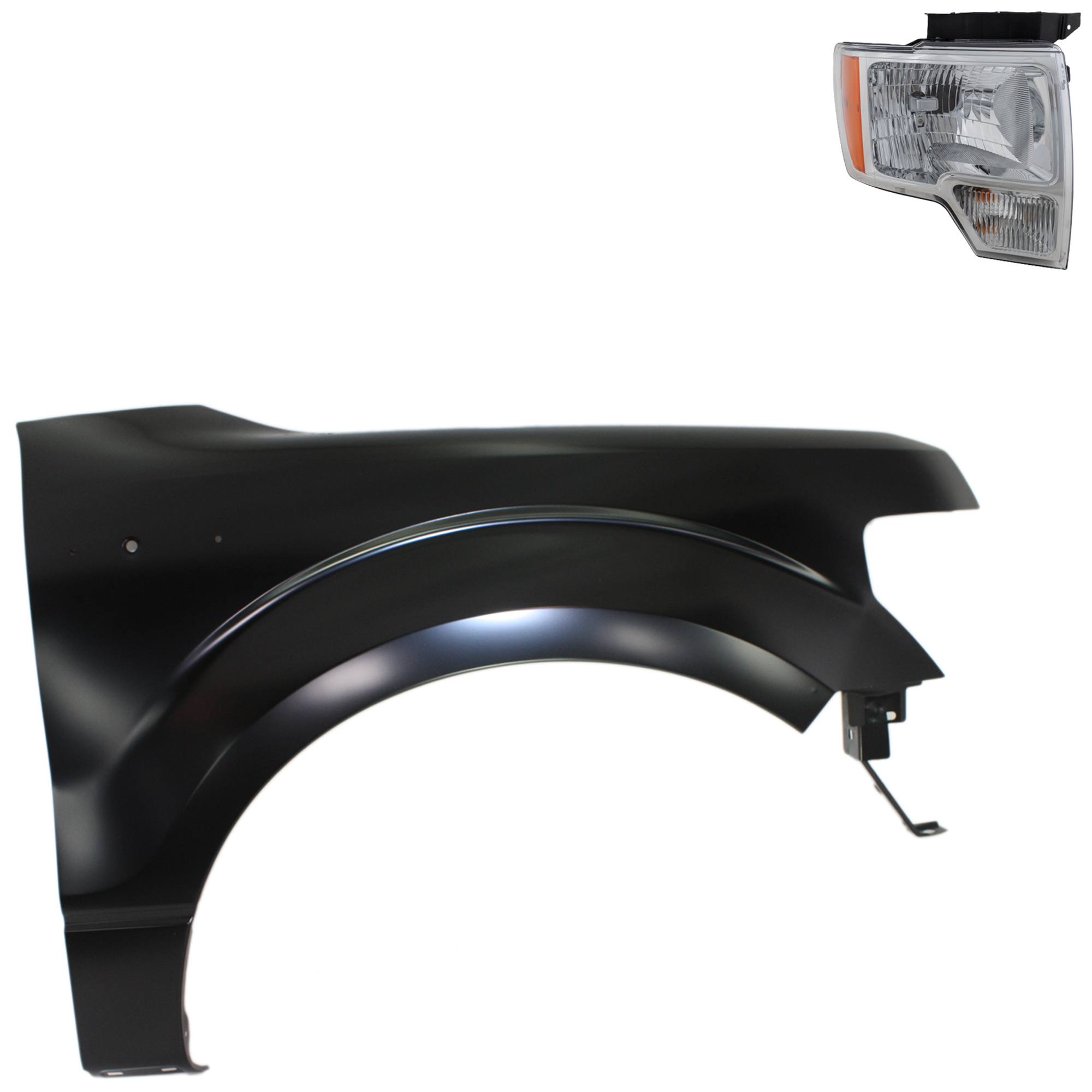 AM F 150-09-14 FRONT FENDER RH 2 pc Kit Black Steel with Headlight CAPA SKU KIT 022423-2904 Partslink FO1241272C FO2503287C FO2503289C OEM CL3Z16005A DL3Z13008A DL3Z1300