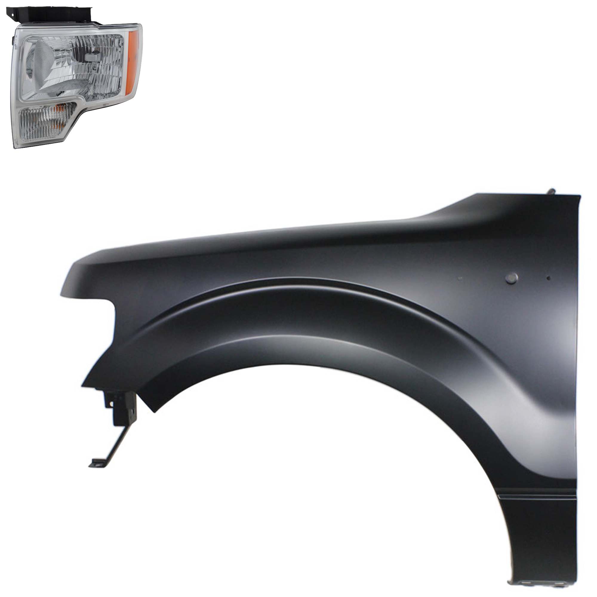 AM F 150-09-14 FRONT FENDER LH 2 pc Kit with Headlight CAPA SKU KIT 022423-2905 Partslink FO1240272C FO2502287C FO2502289C OEM BL3Z16006A DL3Z13008B DL3Z1300