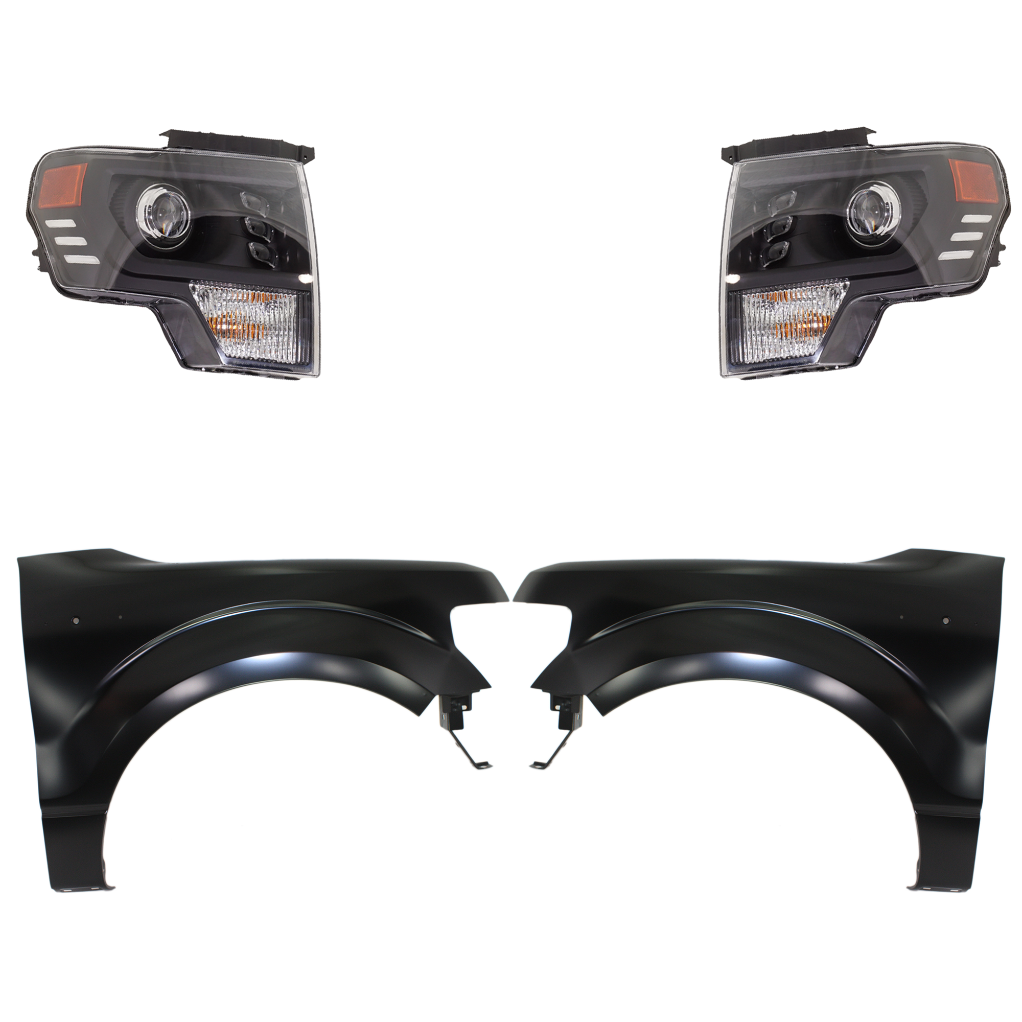 AM F 150-13-14 HEAD LAMP RH AND LH Assembly LED 4 pc Kit with Fenders SKU KIT 022423-3303 Partslink FO1240272C FO1241272C FO2502403 FO2503403 OEM BL3Z16006A CL3Z16005A DL3Z1300