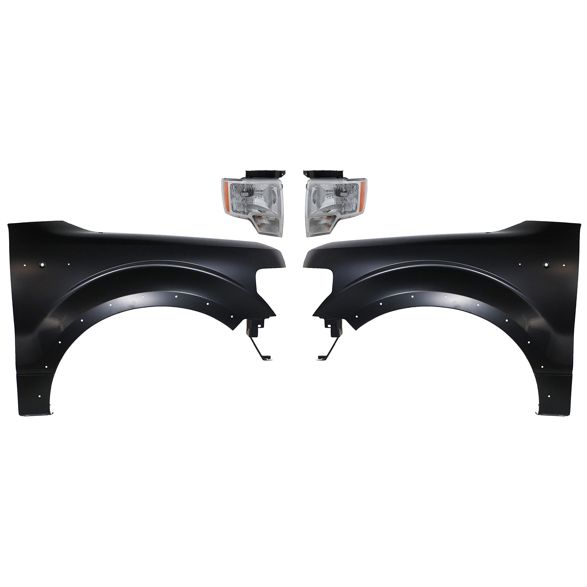 AM F 150-09-14 FRONT FENDER RH AND LH Primed 4 pc Kit with Headlights CAPA SKU KIT 022423-3403 Partslink FO1240273C FO1241273C FO2502287C FO2502289C FO2503287C FO2503289C OEM BL3Z16006B CL3Z16005B DL3Z1300