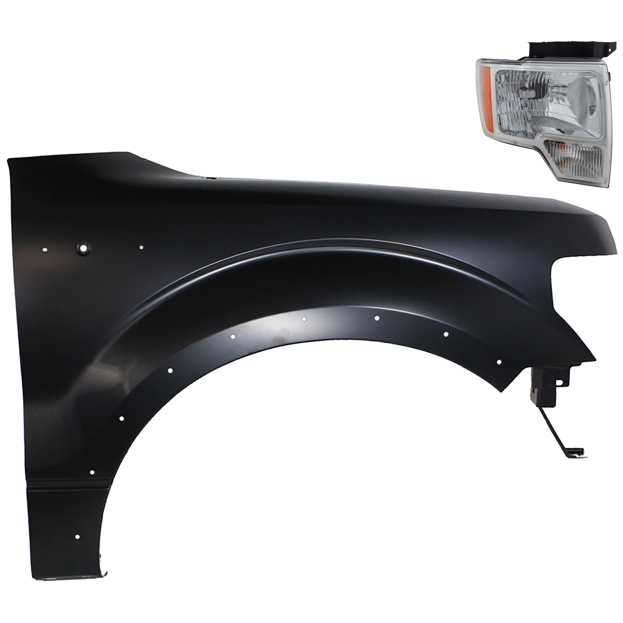 AM F 150-09-14 FRONT FENDER RH Primed 2 pc Kit with Headlight CAPA SKU KIT 022423-3404 Partslink FO1241273C FO2503287C FO2503289C OEM CL3Z16005B DL3Z13008A DL3Z1300