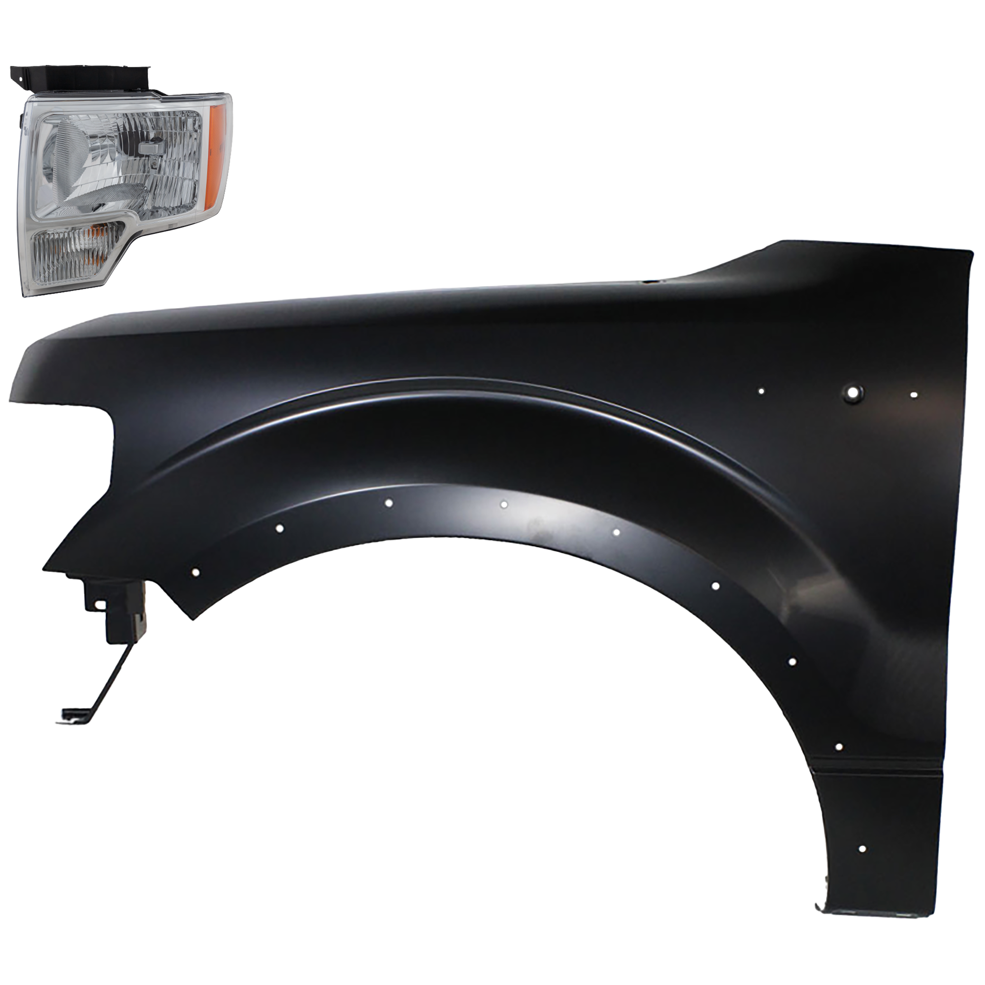 AM F 150-09-14 FRONT FENDER LH Primed 2 pc Kit with Headlight CAPA SKU KIT 022423-3405 Partslink FO1240273C FO2502287C FO2502289C OEM BL3Z16006B DL3Z13008B DL3Z1300