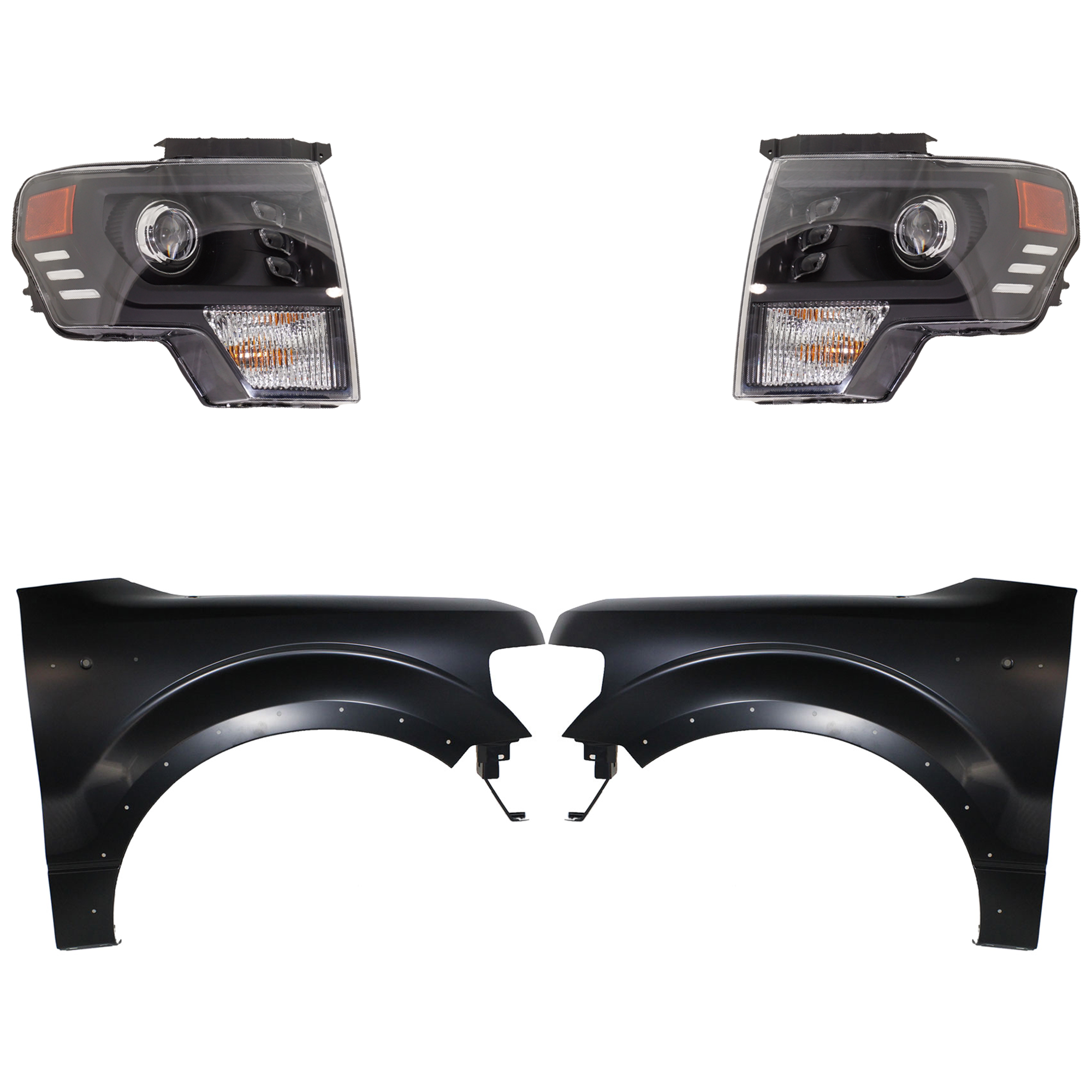 AM F 150-13-14 HEAD LAMP RH AND LH Assembly LED 4 pc Kit with Fenders SKU KIT 022423-3803 Partslink FO1240273C FO1241273C FO2502403 FO2503403 OEM BL3Z16006B CL3Z16005B DL3Z1300