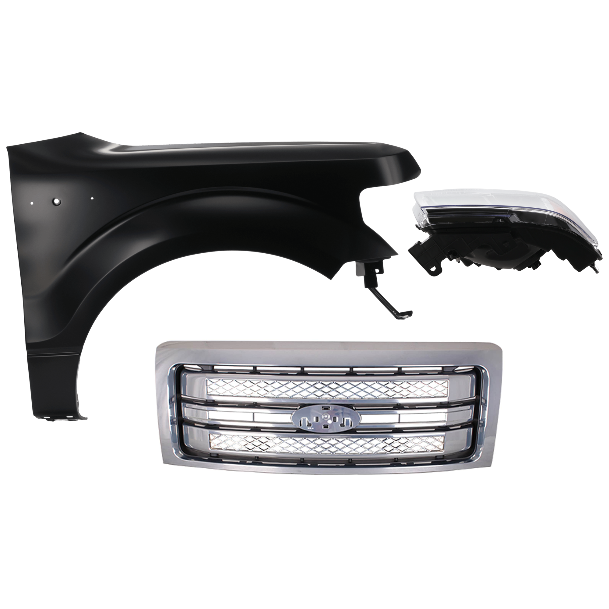 AM F 150-13-14 FRONT FENDER RH Black 3 pc Kit with Grille and Headlight CAPA SKU KIT 022423-3901 Partslink FO1200631C FO1241272C FO2503287C FO2503289C OEM CL3Z16005A DL3Z13008A DL3Z1300